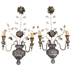 Large Silver Finish and Crystal Maison Baguès Attribute Pair of 2-Light Sconces