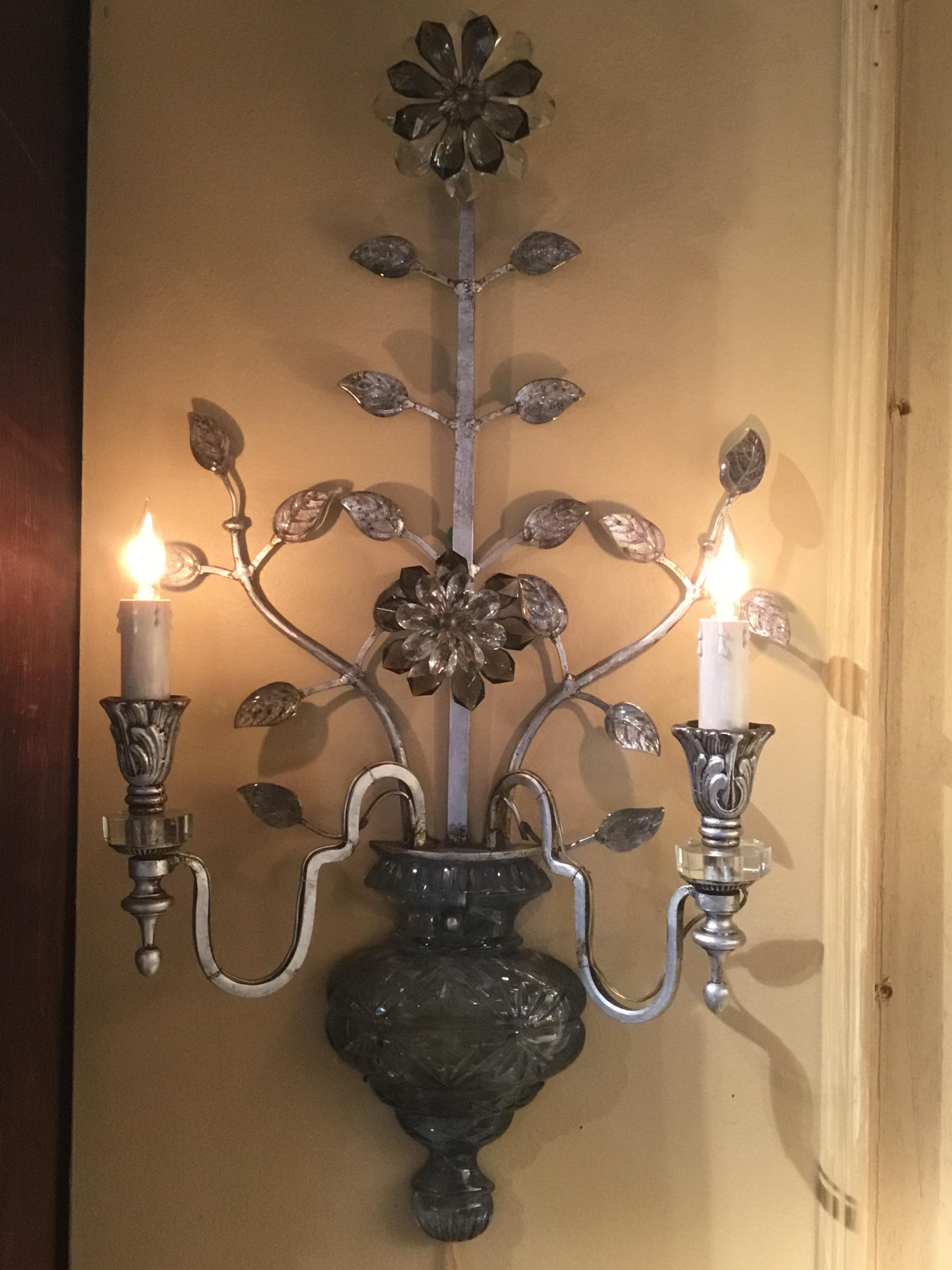 Large Silver Finish and Crystal Maison Baguès Attribute Pair of 2-Light Sconces 5