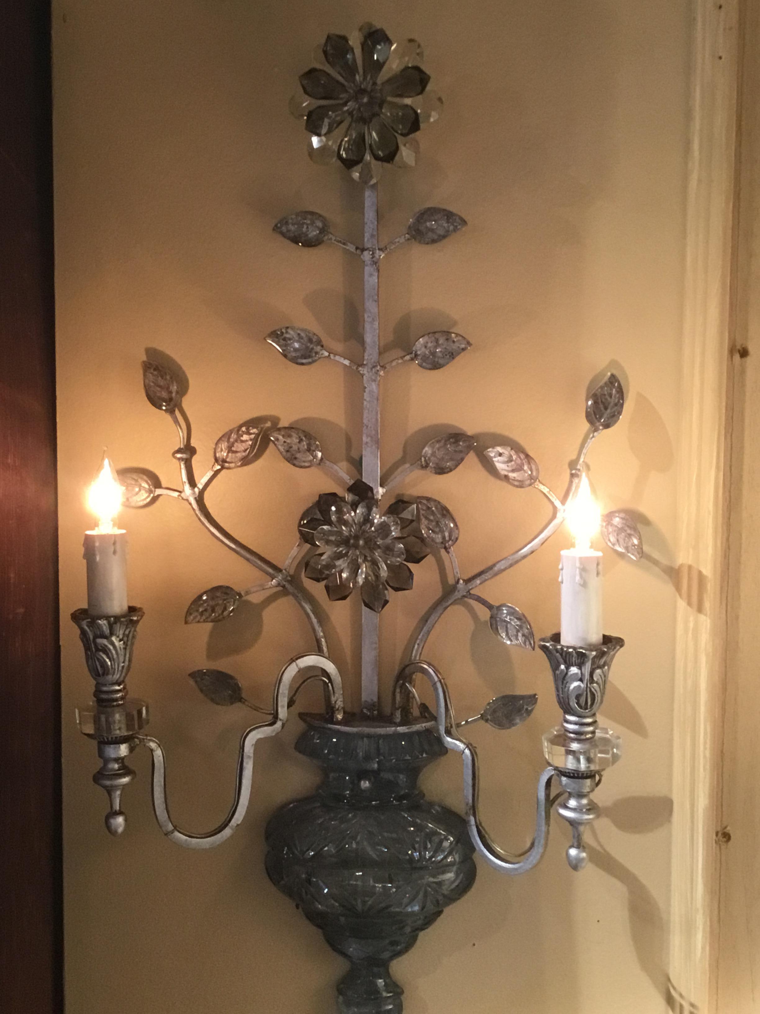 Large Silver Finish and Crystal Maison Baguès Attribute Pair of 2-Light Sconces 7