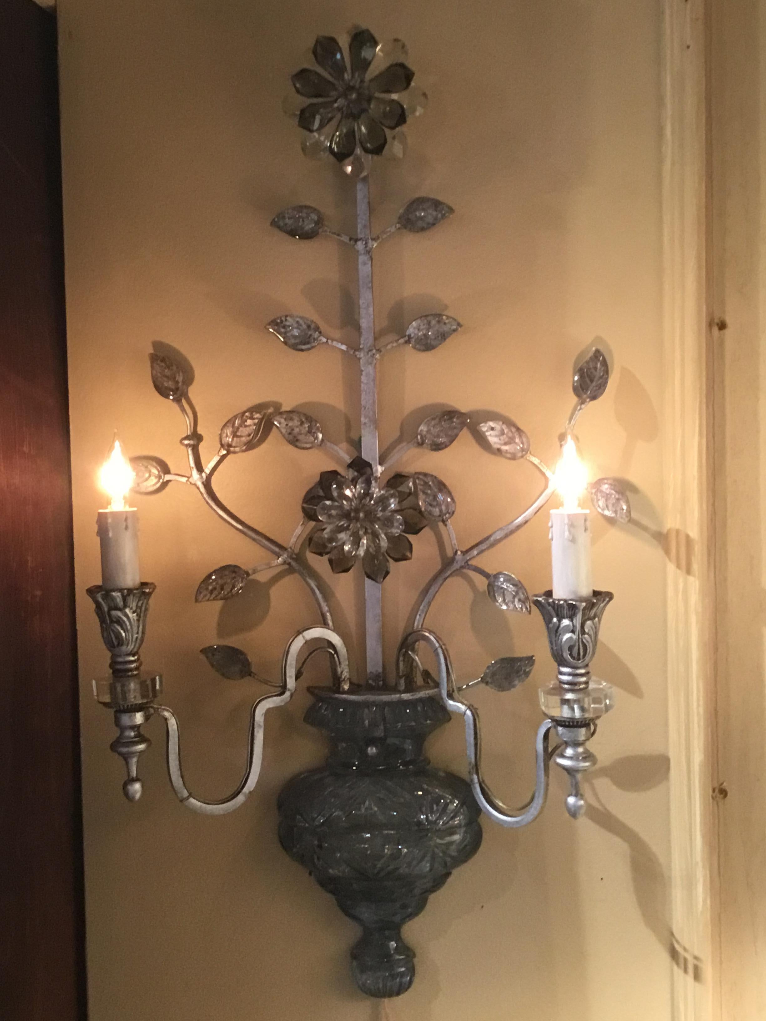 Large Silver Finish and Crystal Maison Baguès Attribute Pair of 2-Light Sconces 8