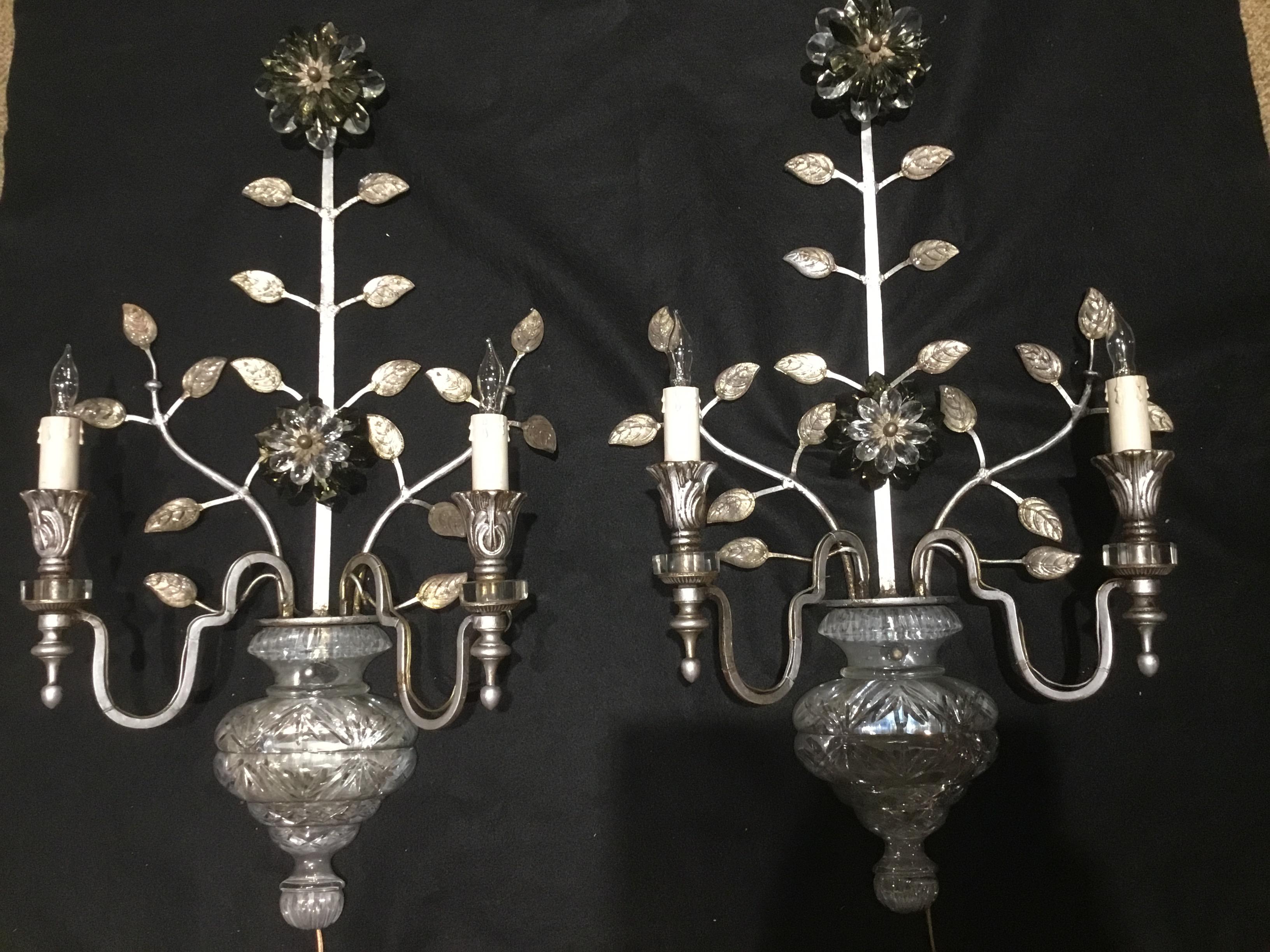 Large Silver Finish and Crystal Maison Baguès Attribute Pair of 2-Light Sconces In Good Condition In Houston, TX