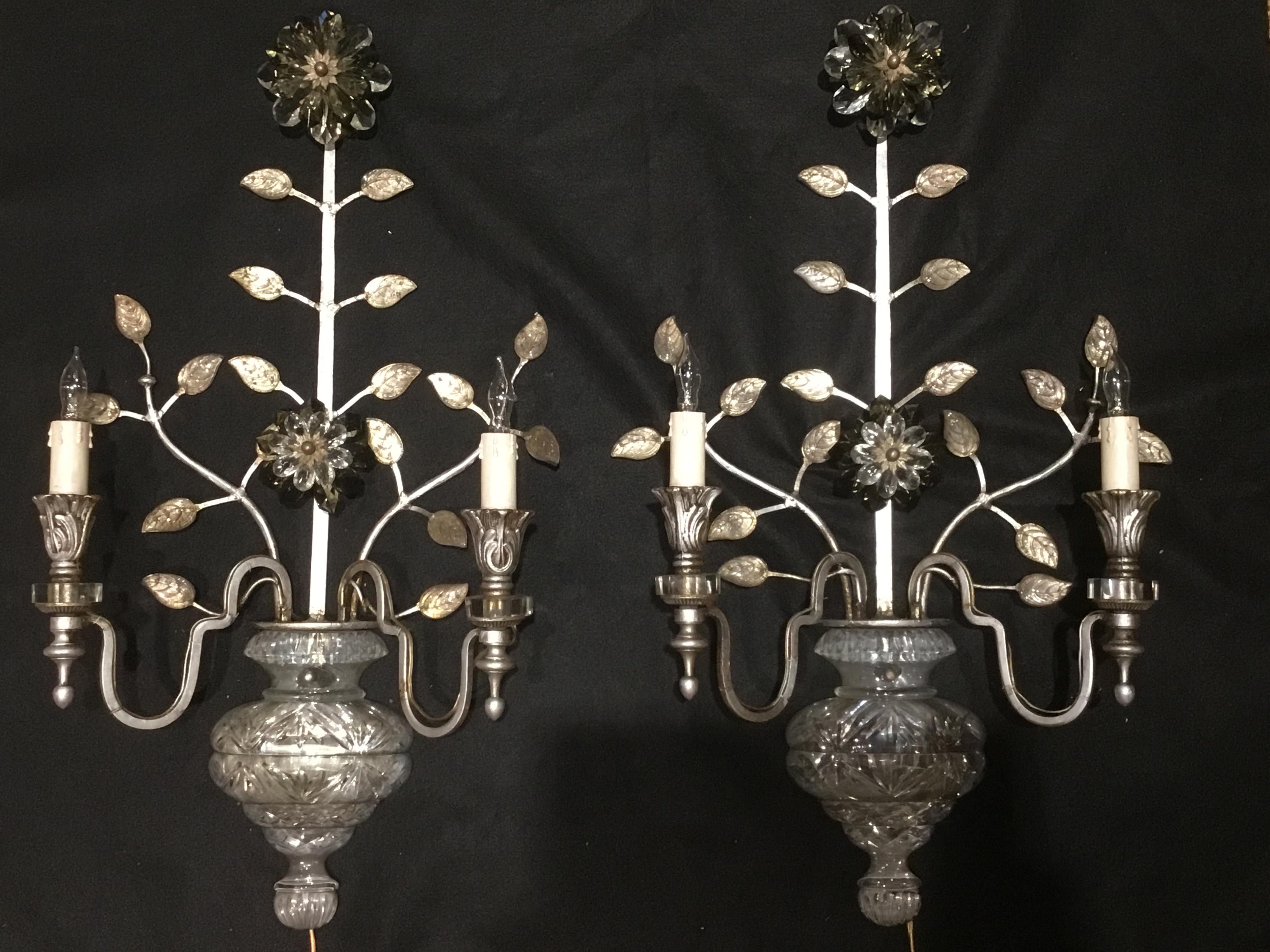 20th Century Large Silver Finish and Crystal Maison Baguès Attribute Pair of 2-Light Sconces