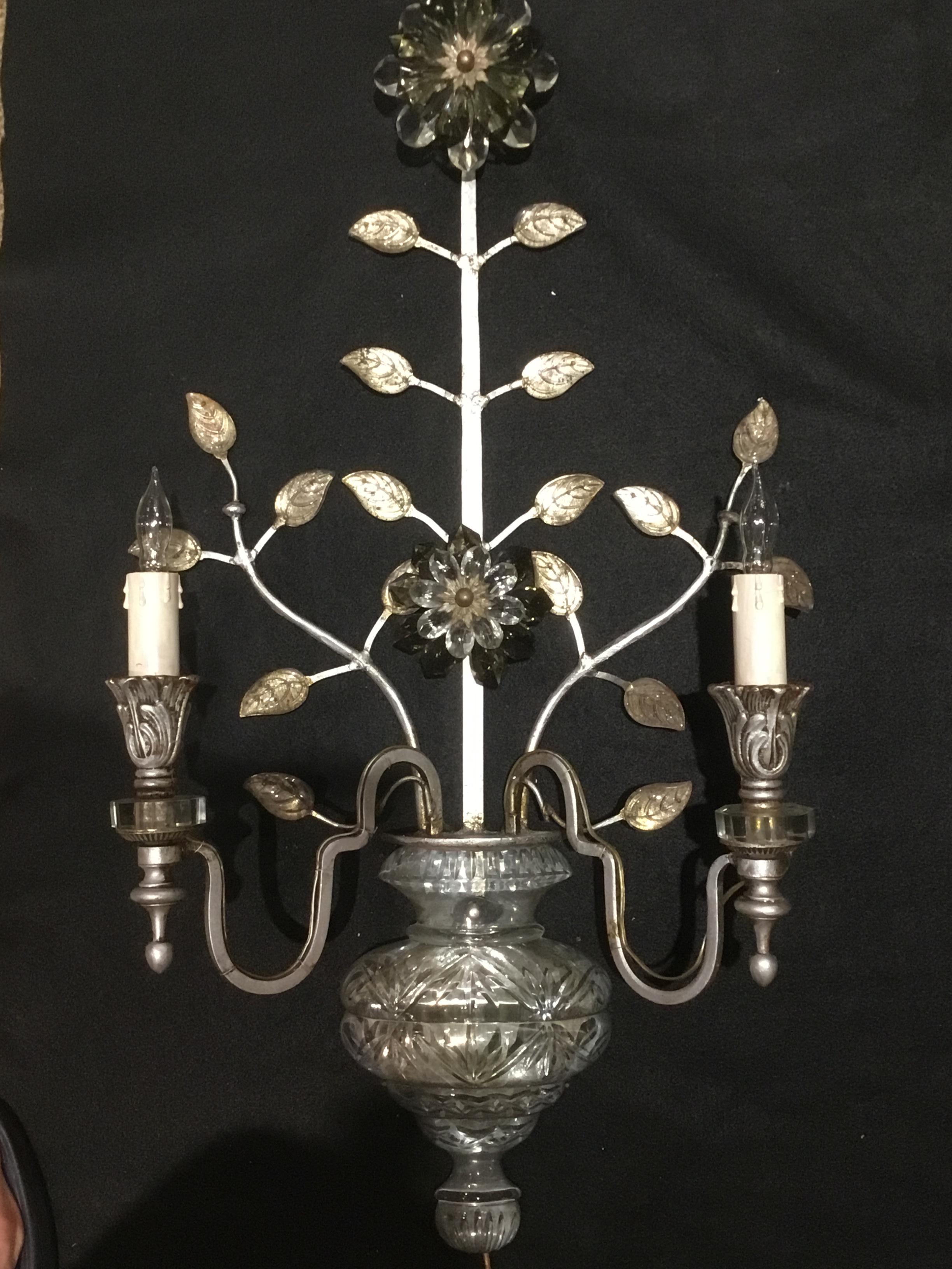 Large Silver Finish and Crystal Maison Baguès Attribute Pair of 2-Light Sconces 1