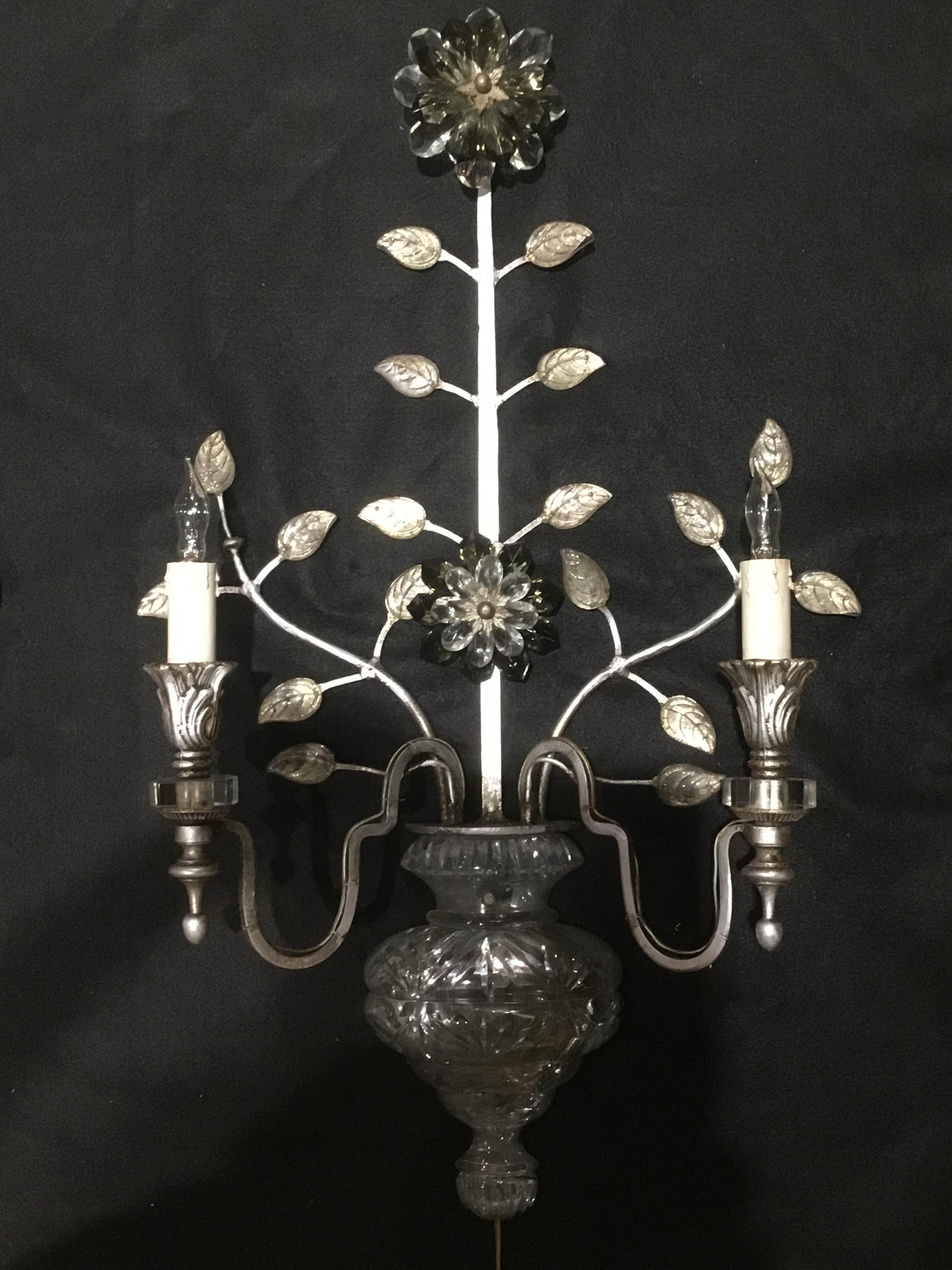 Large Silver Finish and Crystal Maison Baguès Attribute Pair of 2-Light Sconces 2