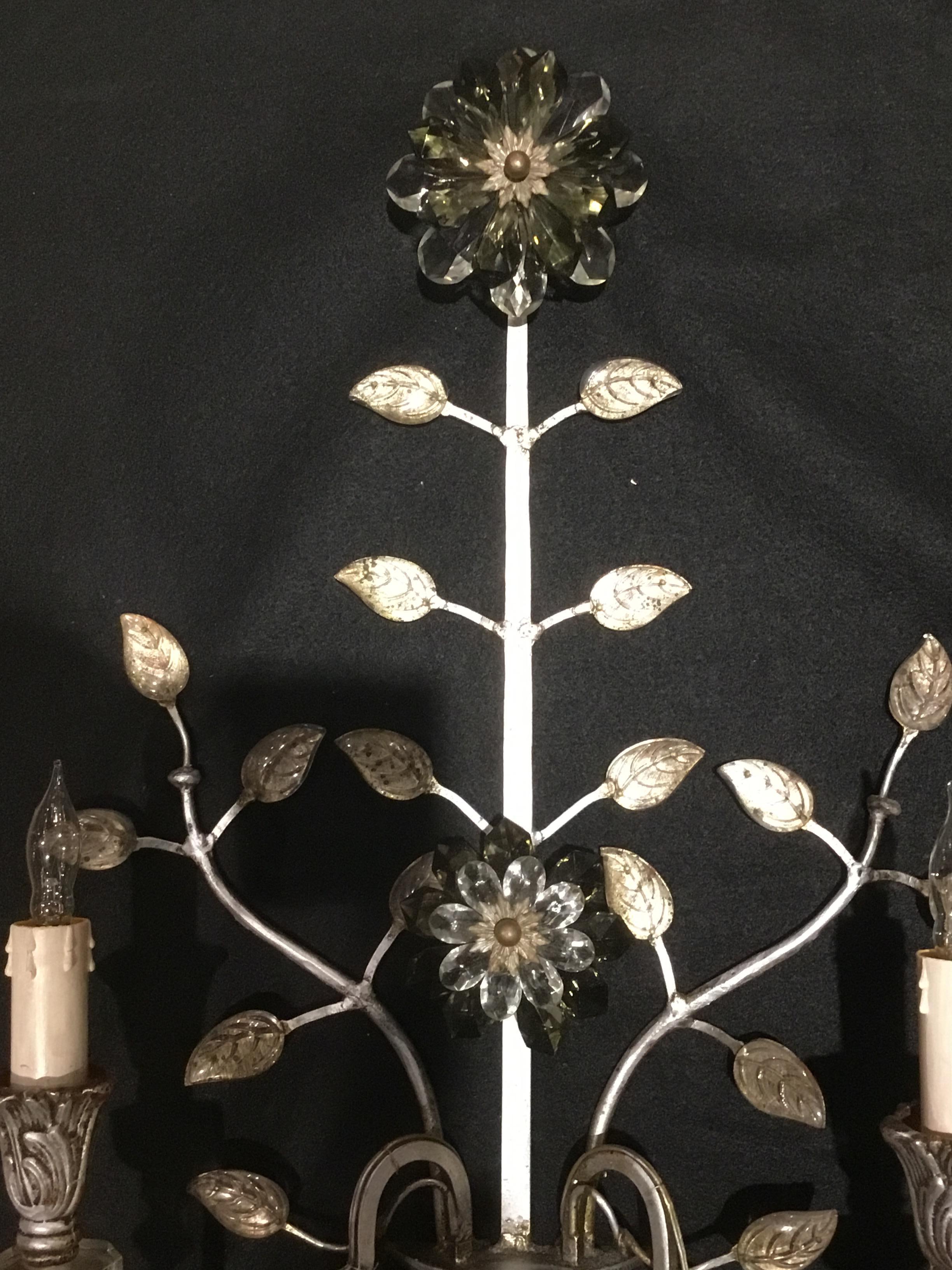 Large Silver Finish and Crystal Maison Baguès Attribute Pair of 2-Light Sconces 3