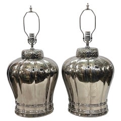 Vintage Large Silver Glazed Porcelain Table Lamps