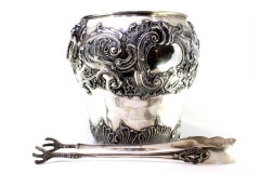 Large silver ice bucket w/ embossed lion heads & claw tongs