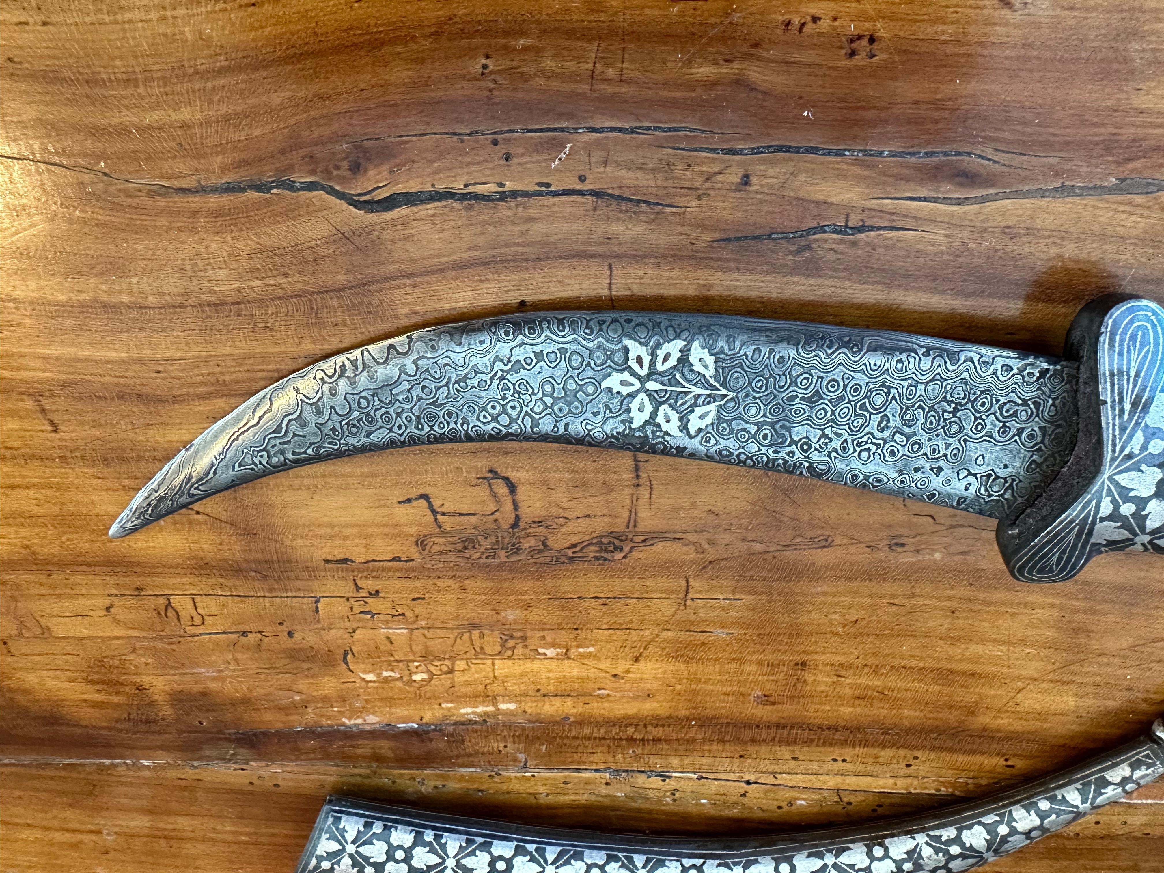 Inlay Large Silver “Jambiya” or Curved Dagger With Its Sheath For Sale