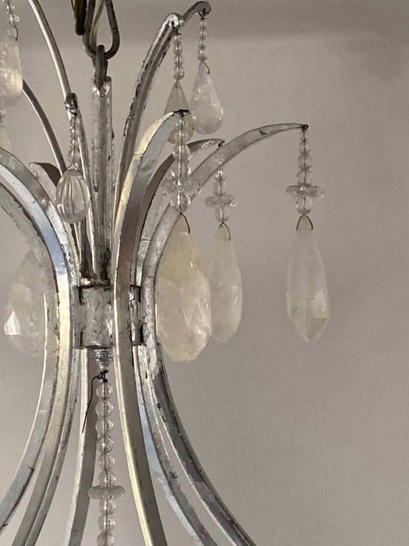 American Large Silver Leaf Wrought Iron and Rock Crystal Chandelier For Sale