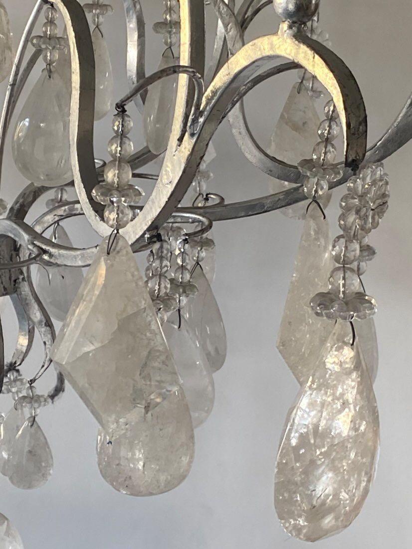 Large Silver Leaf Wrought Iron and Rock Crystal Chandelier In Good Condition For Sale In Los Angeles, CA