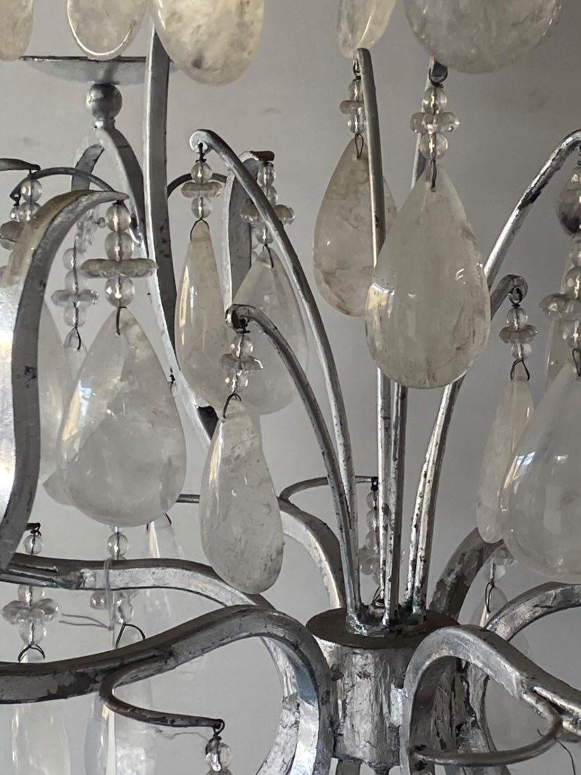 Late 20th Century Large Silver Leaf Wrought Iron and Rock Crystal Chandelier For Sale
