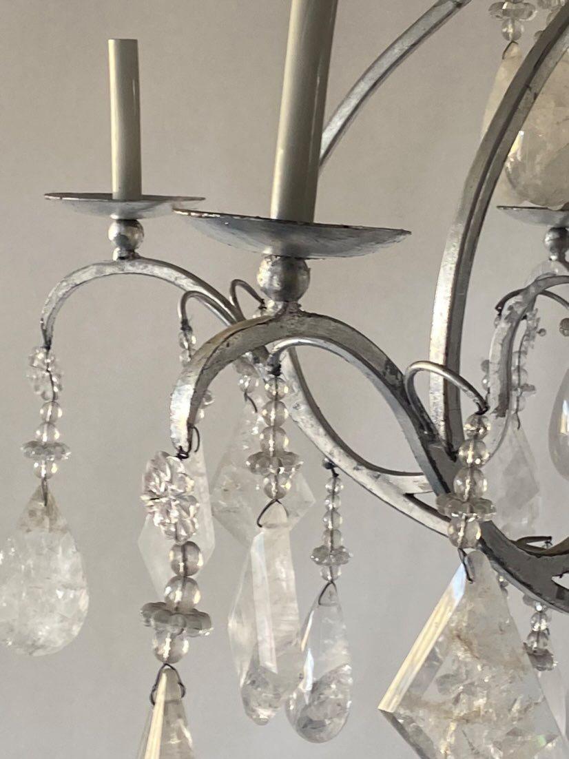 Large Silver Leaf Wrought Iron and Rock Crystal Chandelier For Sale 2