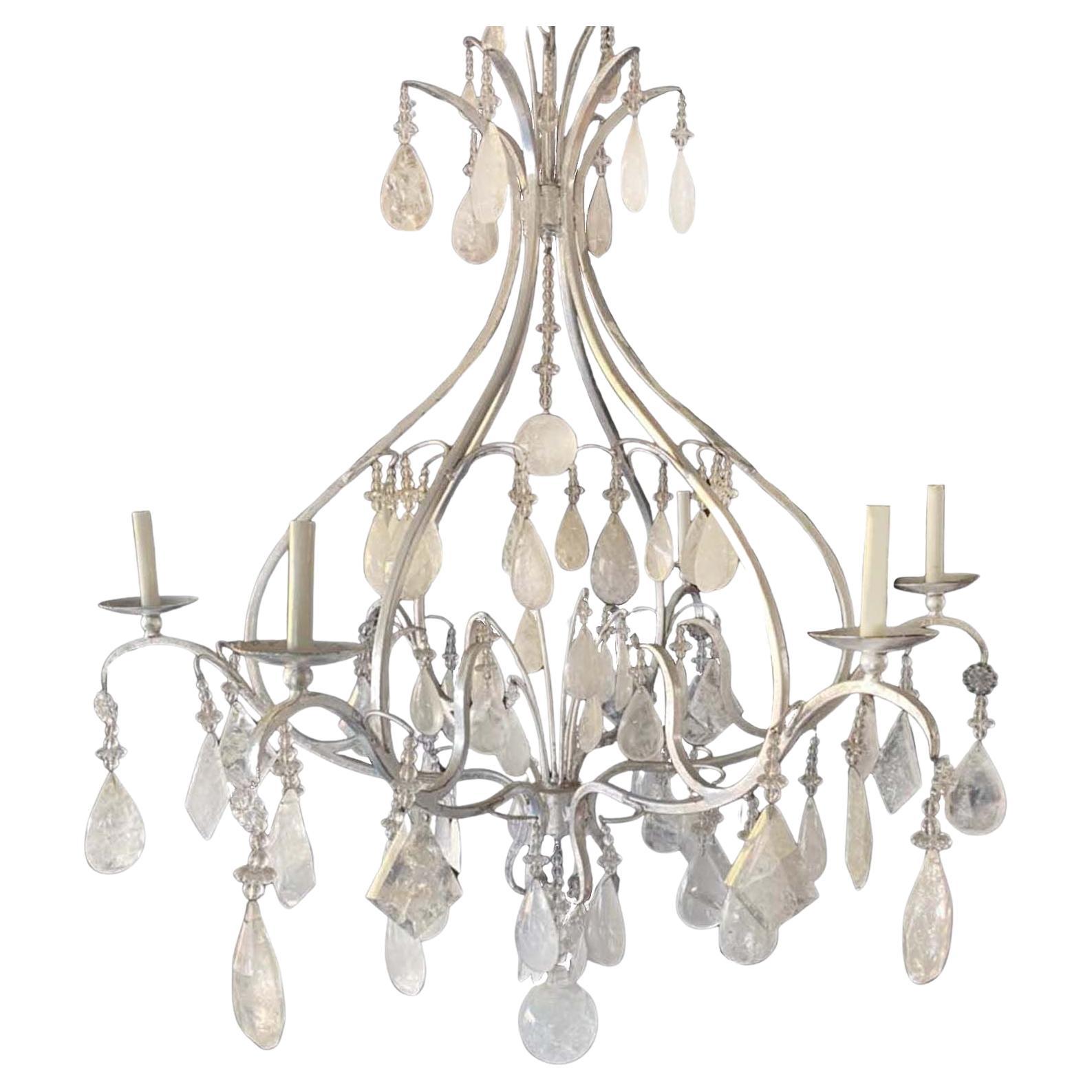 Large Silver Leaf Wrought Iron and Rock Crystal Chandelier For Sale