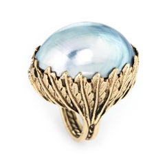 Large Silver Mabe Pearl Ring Vintage 14 karat Gold Leaf Mount Estate Jewelry