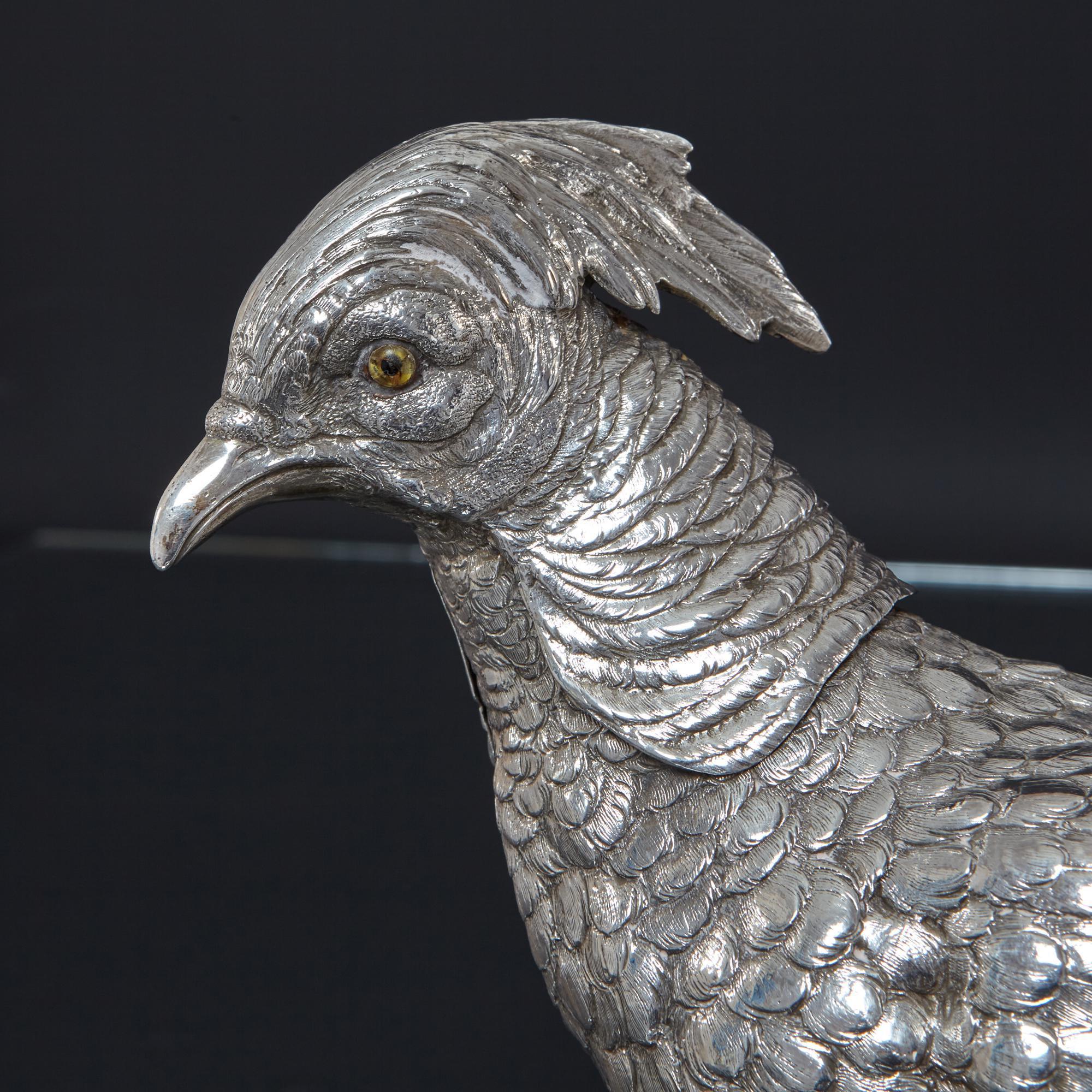 Un grande modello in argento sterling di un fagiano maschio dorato, realizzato in Germania e con marchio d'importazione di Londra, 1924. Il modello è finemente dettagliato e l'uccello argentato ha gli occhi in vetro trasparente. Il corpo e le zampe