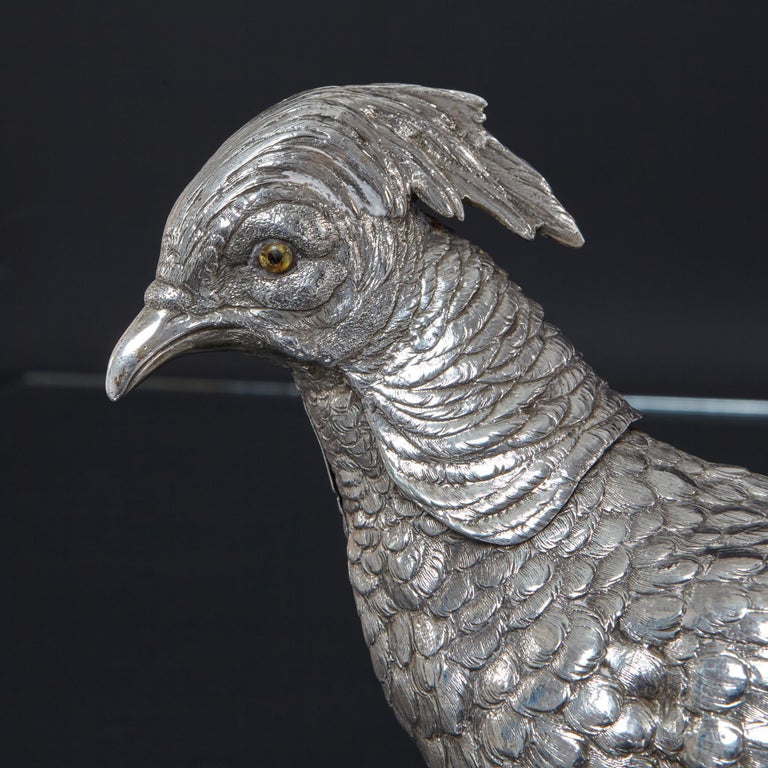 A large sterling silver model of a male golden pheasant, made in Germany and bearing import hallmarks for London, 1924. The model is finely detailed and the silver game bird has clear glass eyes. The body and legs are of cast construction while the