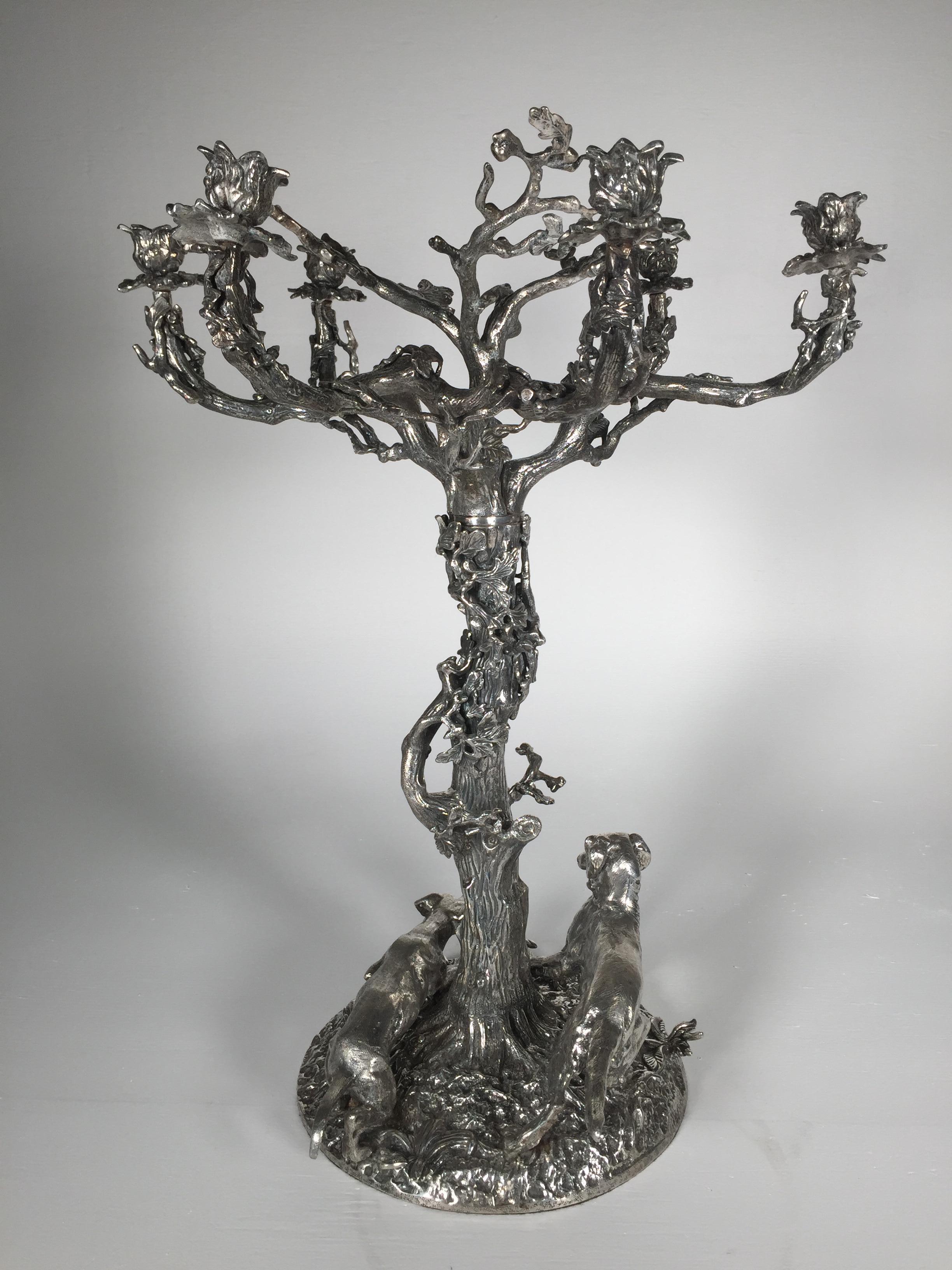 Hollywood Regency Large Silver over Bronze Sporting Dog Candelabra