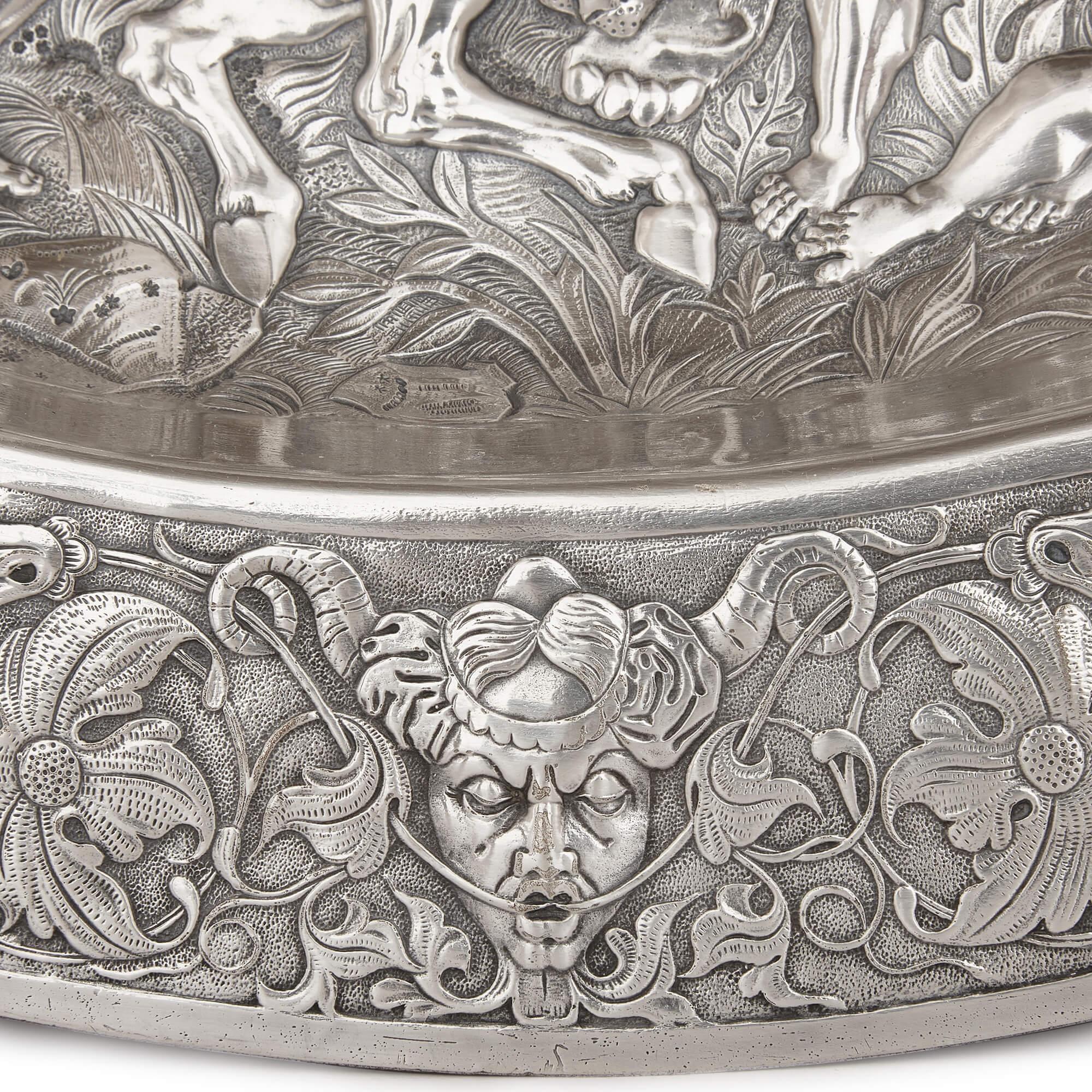 English Large Silver Plate Charger of the 'Battle of the Amazons' by Elkington & Co