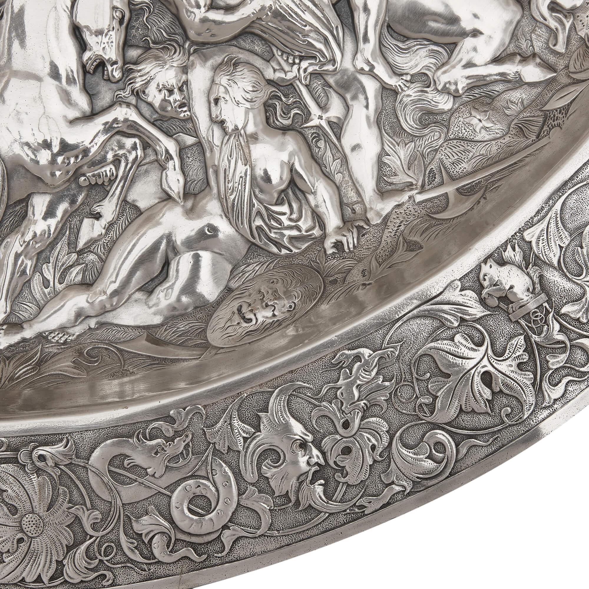 19th Century Large Silver Plate Charger of the 'Battle of the Amazons' by Elkington & Co