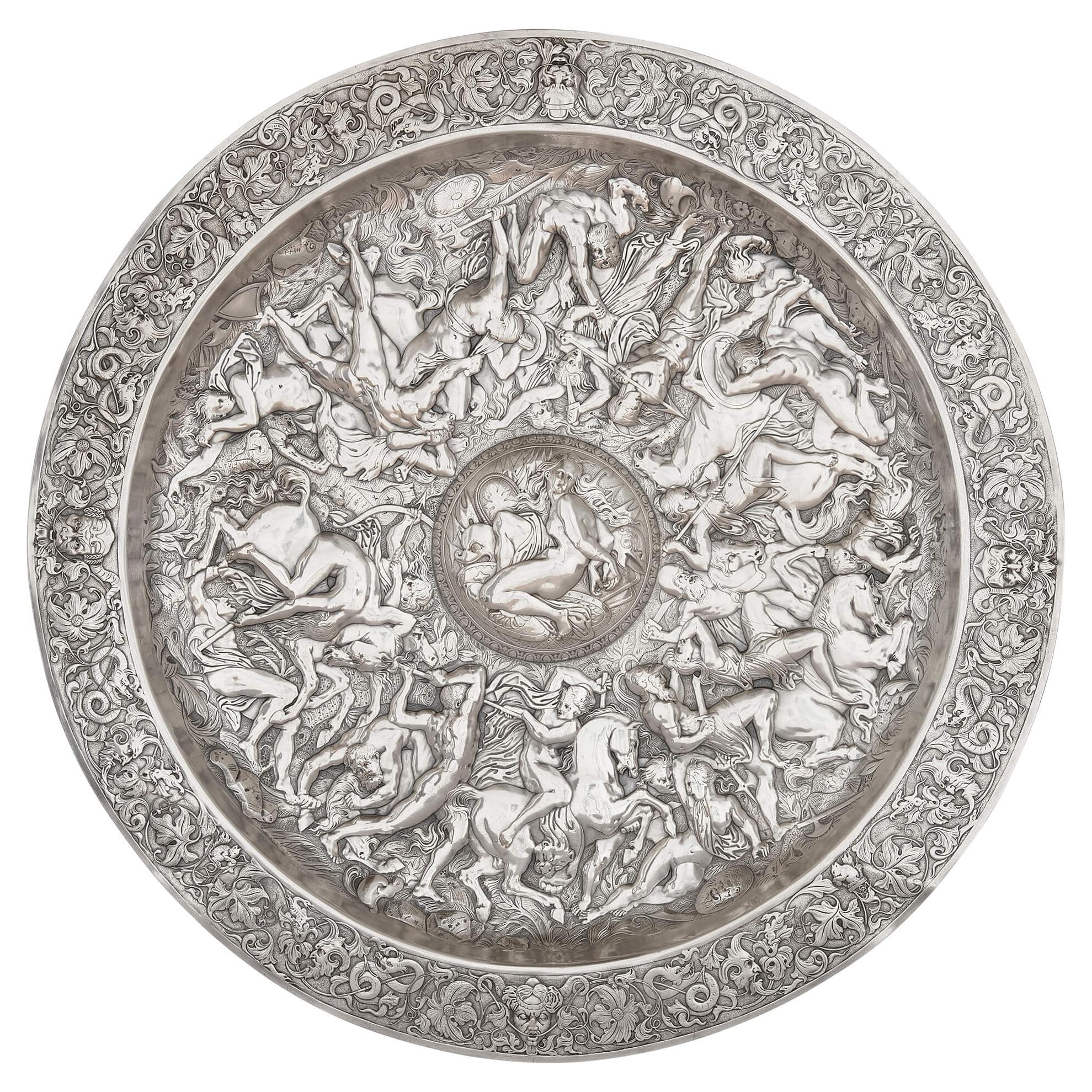 Large Silver Plate Charger of the 'Battle of the Amazons' by Elkington & Co