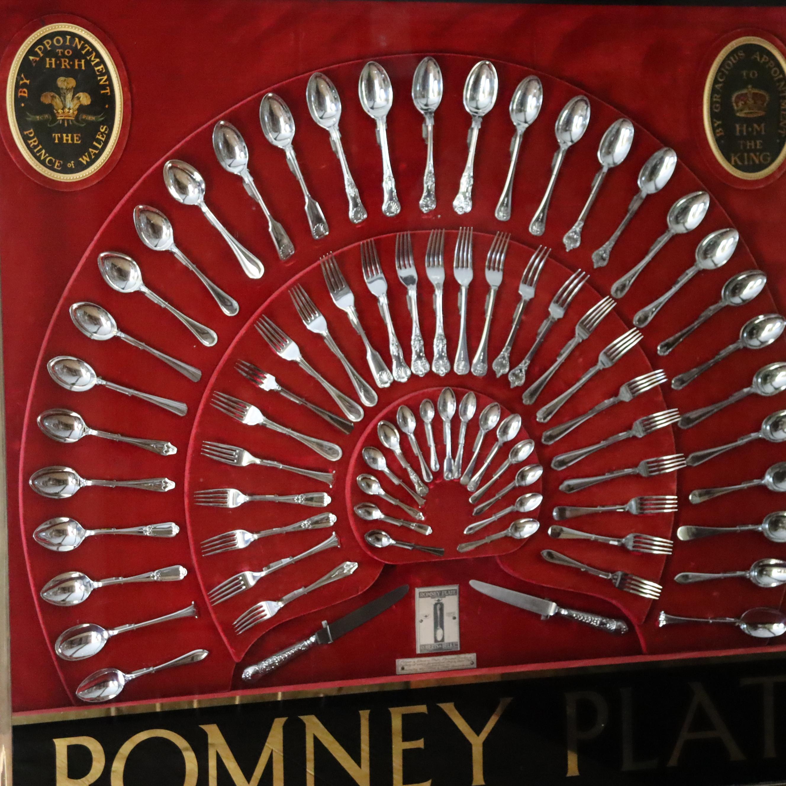 Large silver plate flat wear display case with Royal patronage H. M The King.