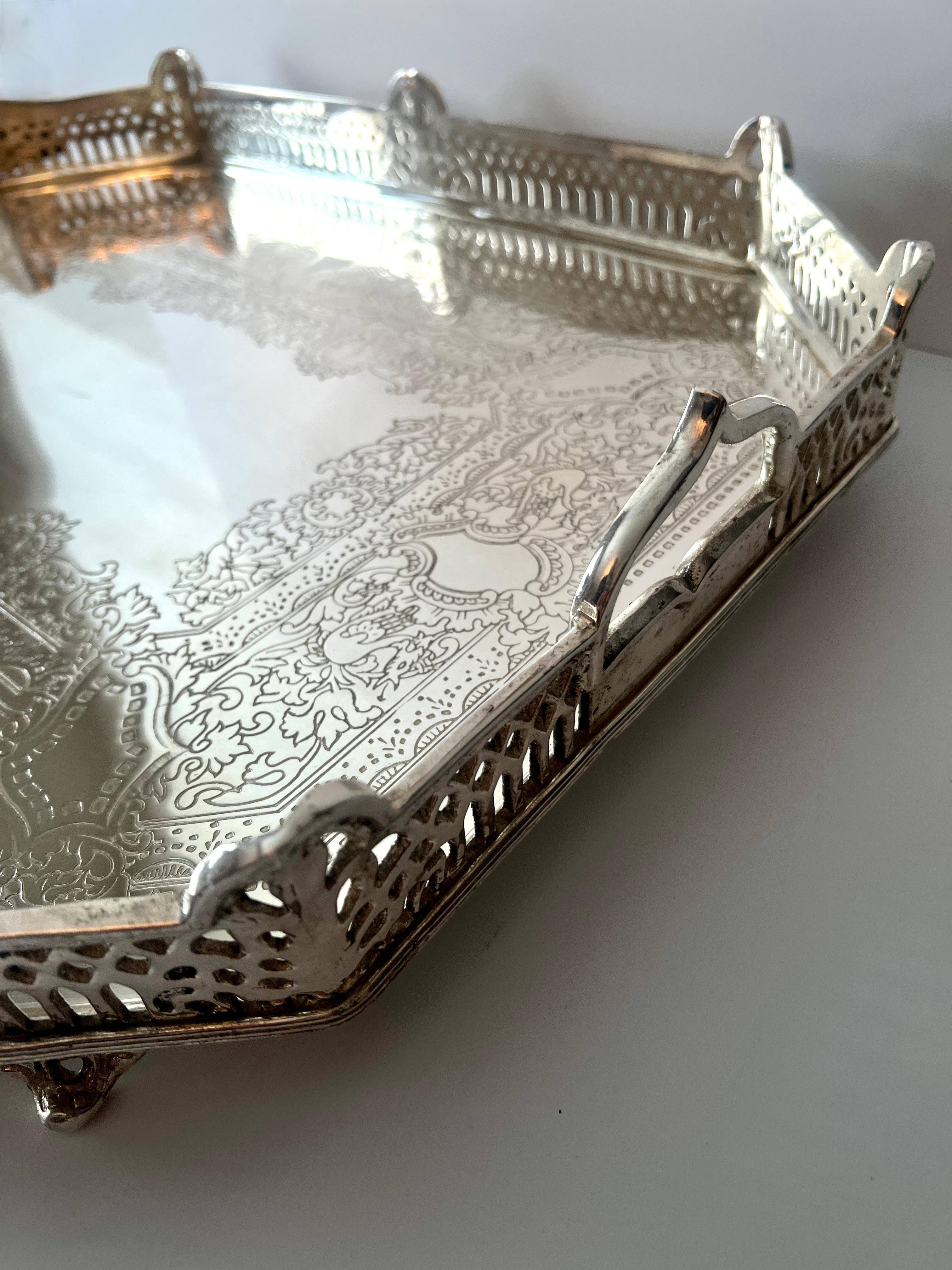 Large Silver Plate Tray with Gallery at 1stDibs