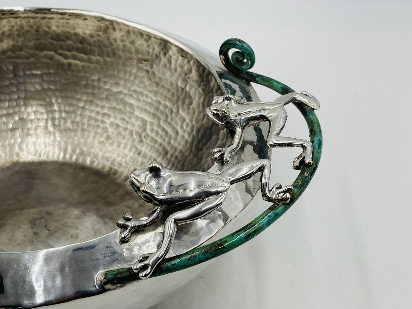 Large Silver-Plated Bowl With Frogs Handles by Emilia Castillo, Mexico 21st Cent For Sale 3