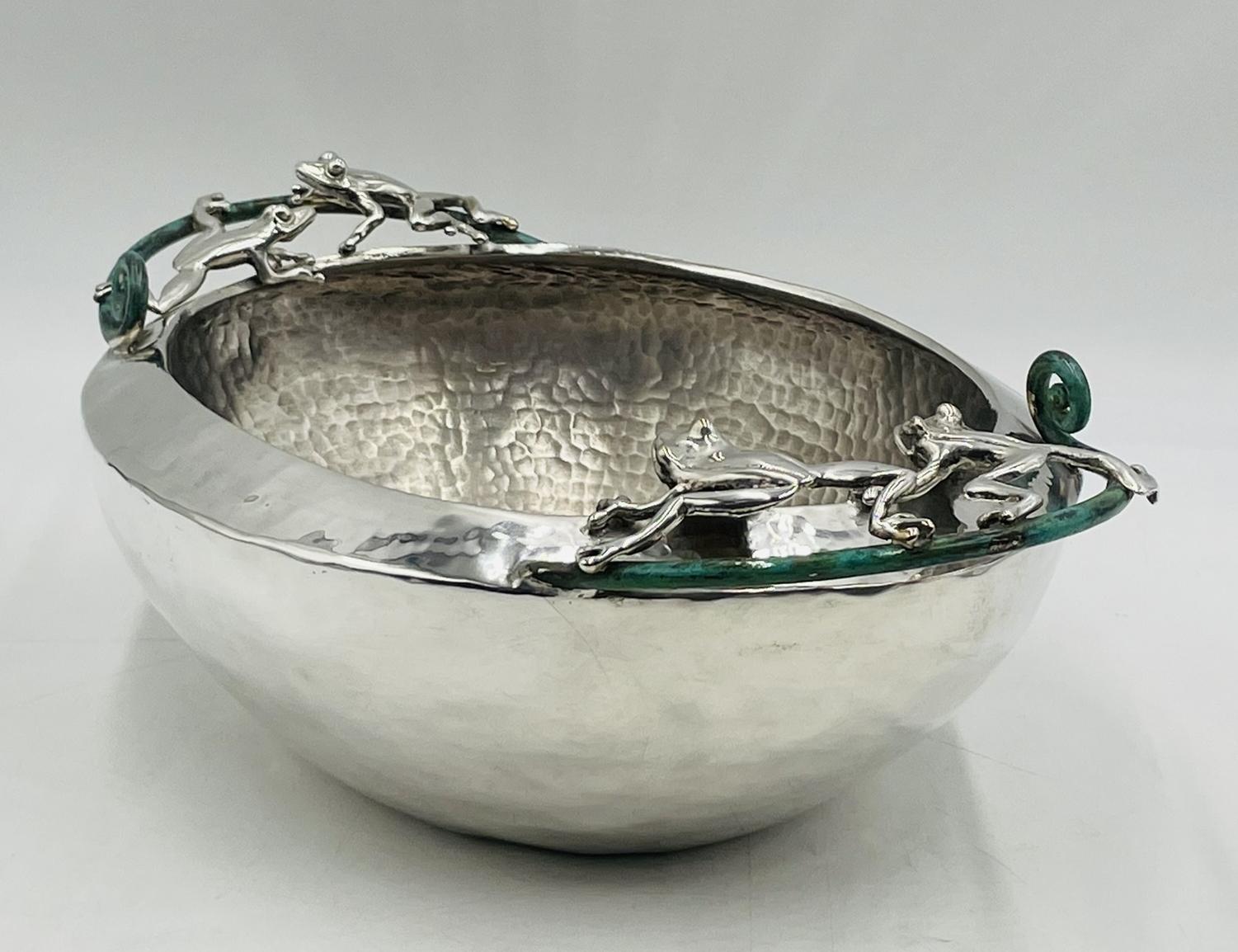 Hand-Crafted Large Silver-Plated Bowl With Frogs Handles by Emilia Castillo, Mexico 21st Cent For Sale