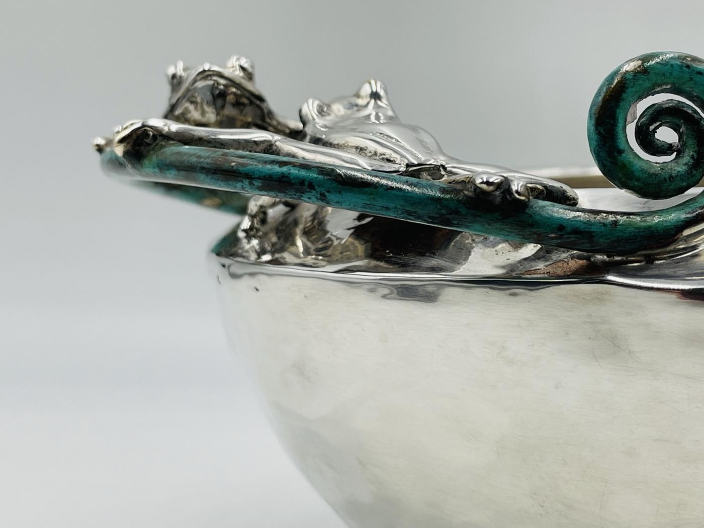Silver Plate Large Silver-Plated Bowl With Frogs Handles by Emilia Castillo, Mexico 21st Cent For Sale