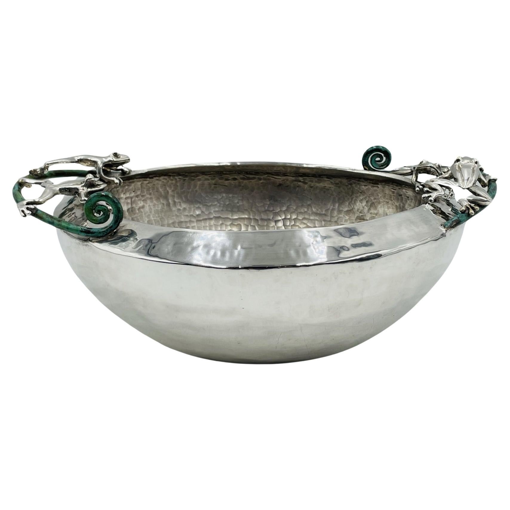 Large Silver-Plated Bowl With Frogs Handles by Emilia Castillo, Mexico 21st Cent For Sale