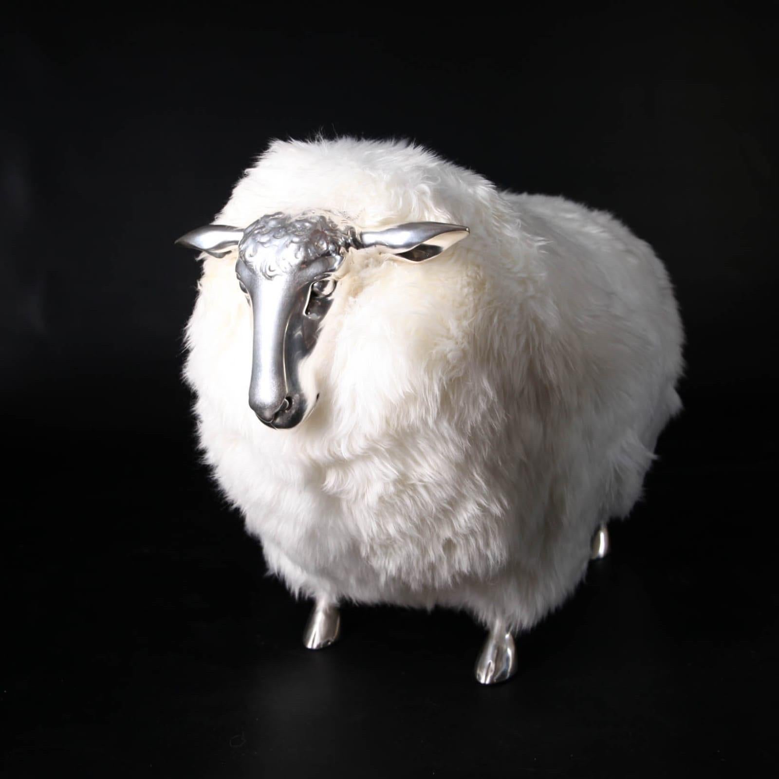 Large silver plated brass and wool « sheep » sculpture  For Sale 2