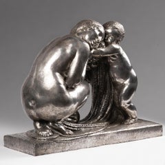 Grande scultura in bronzo argentato di Pierre Traverse, 1930 circa, Art Deco.