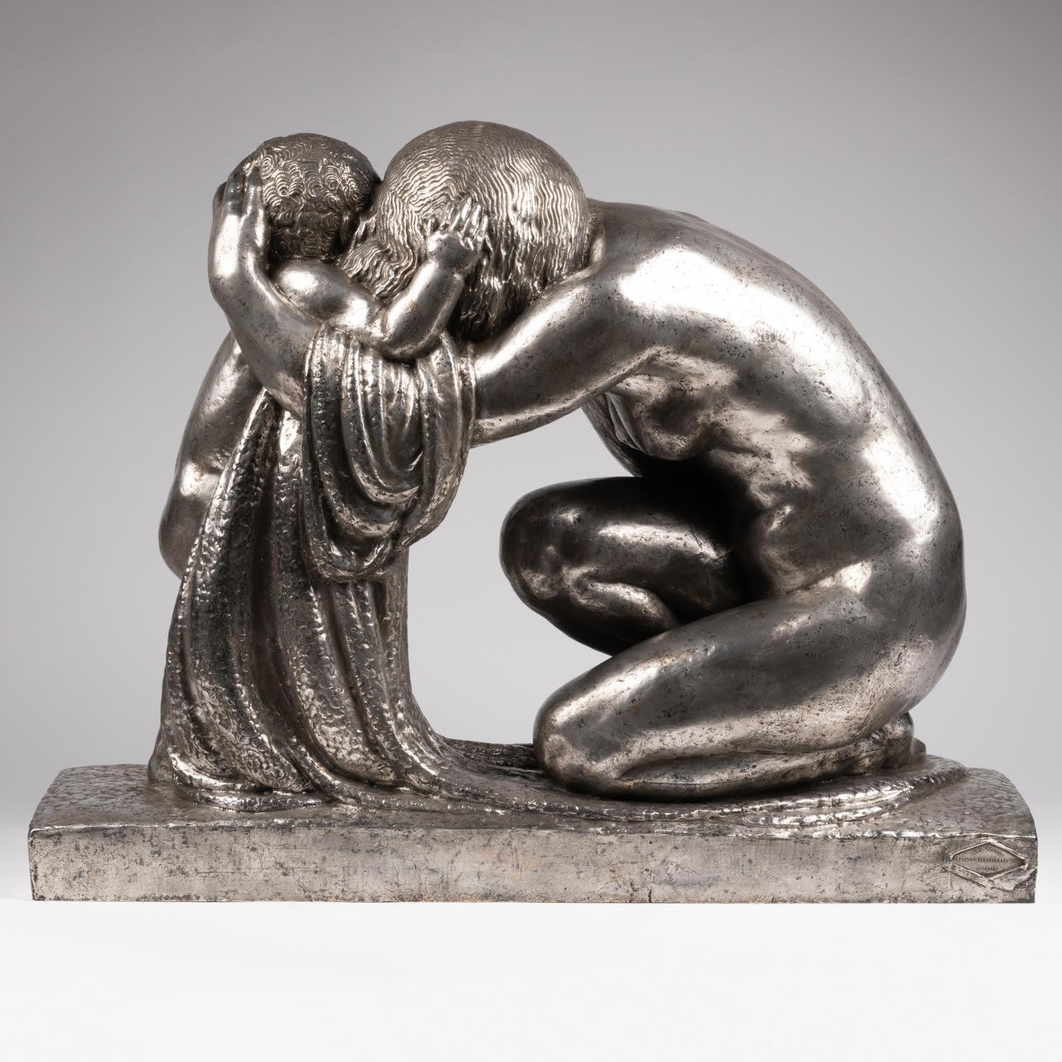 Gran escultura de bronce plateado de Pierre Traverse, hacia 1930, Art Decó. Francés en venta