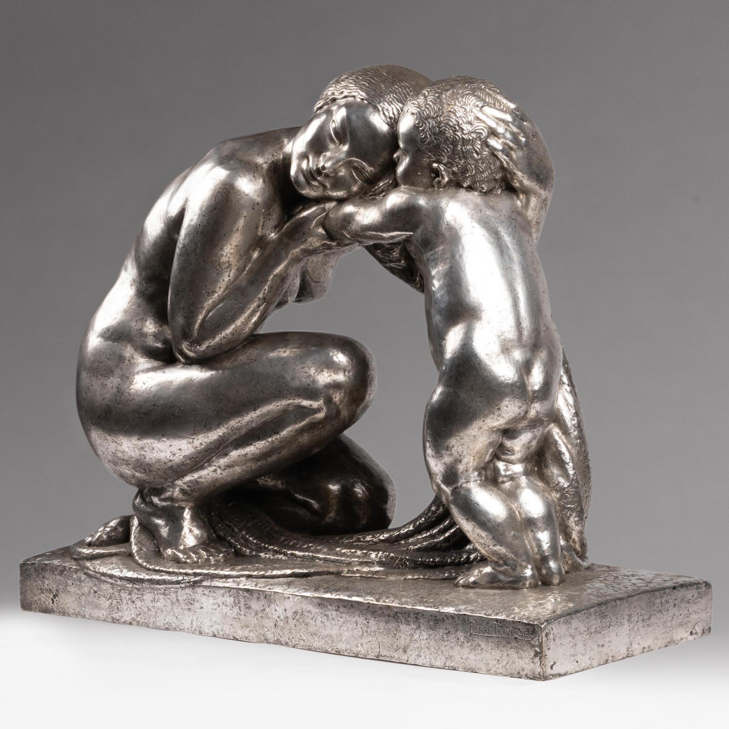 Gran escultura de bronce plateado de Pierre Traverse, hacia 1930, Art Decó. Plateado en venta