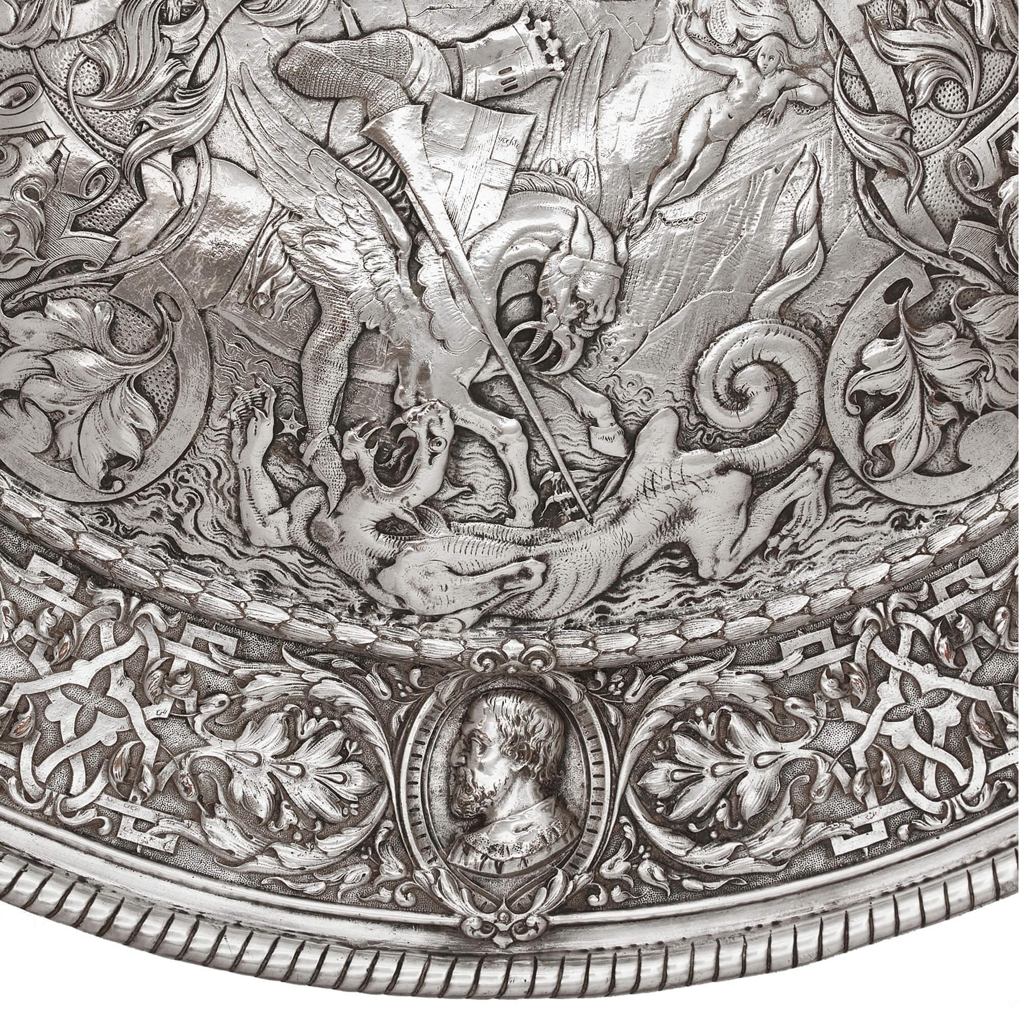 Neoclassical Large Silver Plated Charger with Mythological and Battle Scenes For Sale