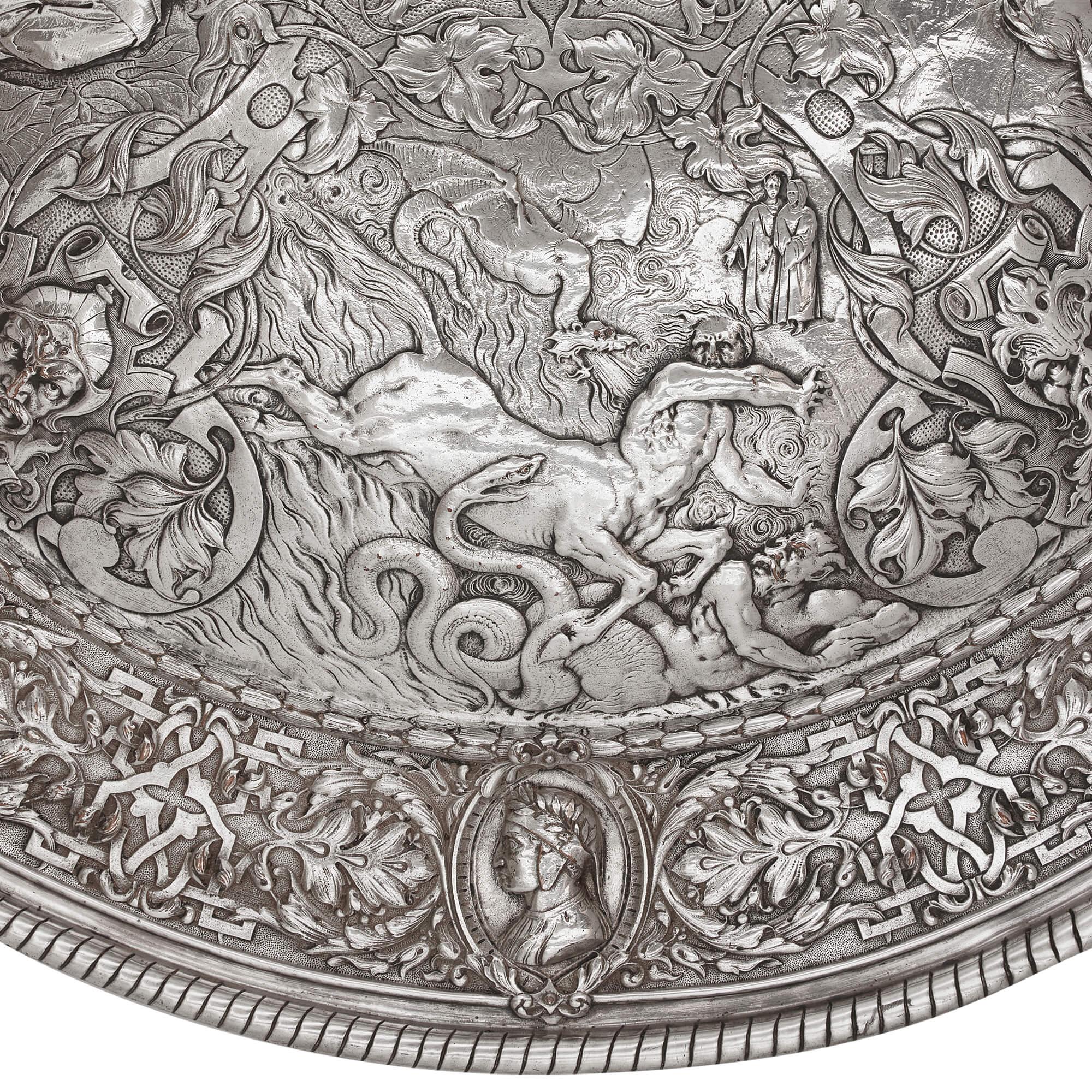 English Large Silver Plated Charger with Mythological and Battle Scenes For Sale