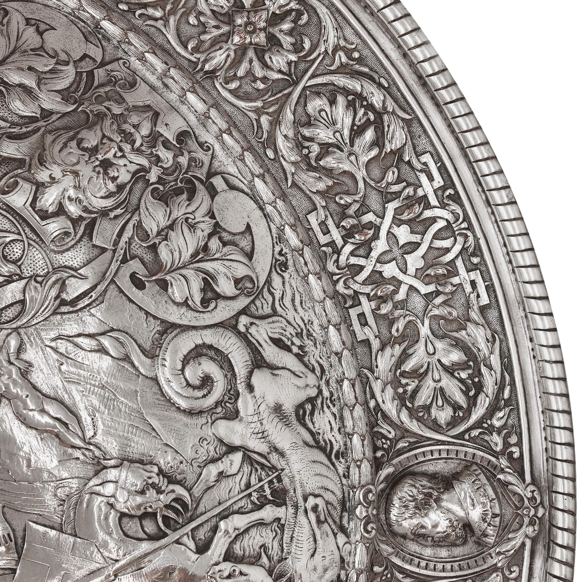 Large Silver Plated Charger with Mythological and Battle Scenes In Good Condition For Sale In London, GB
