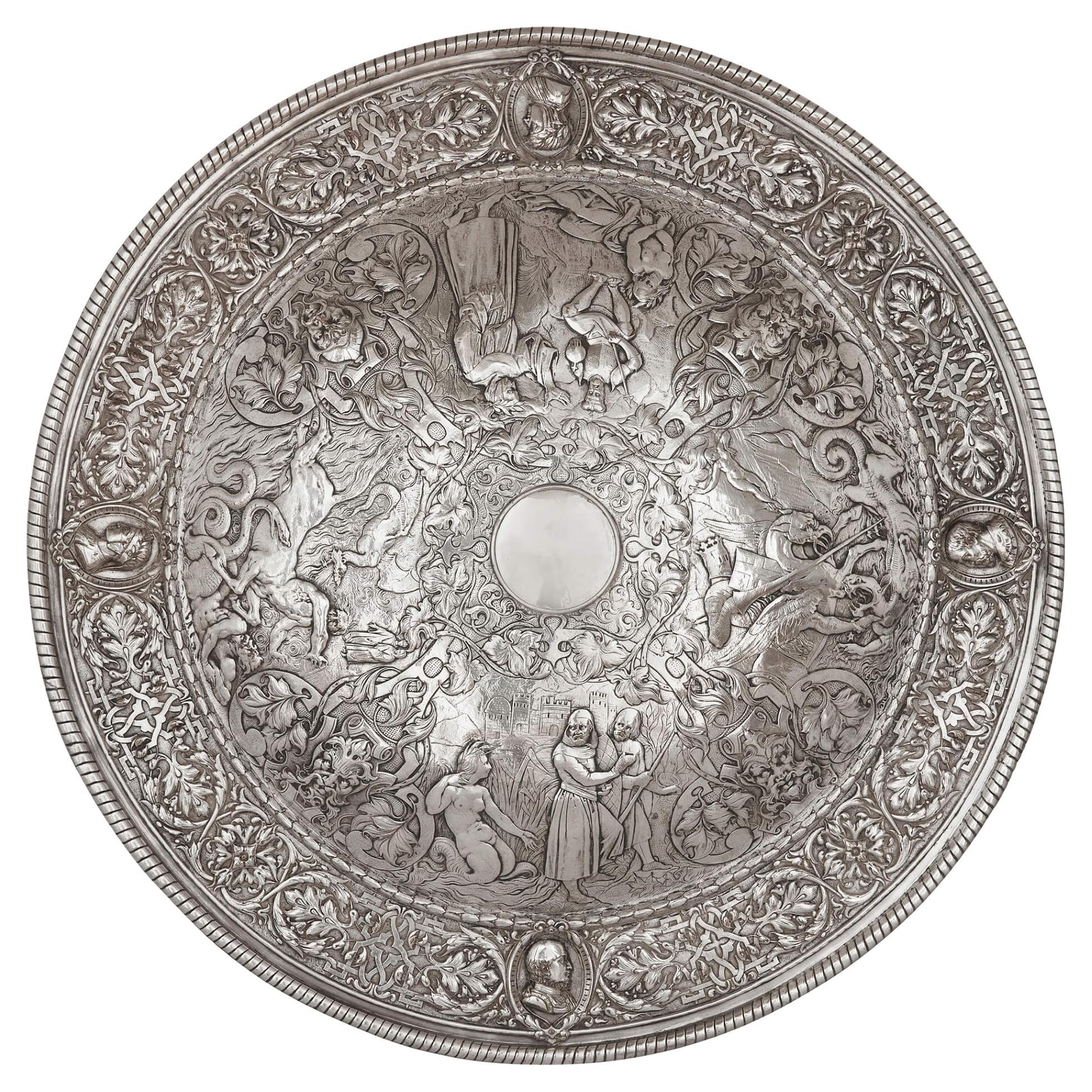 Large Silver Plated Charger with Mythological and Battle Scenes For Sale