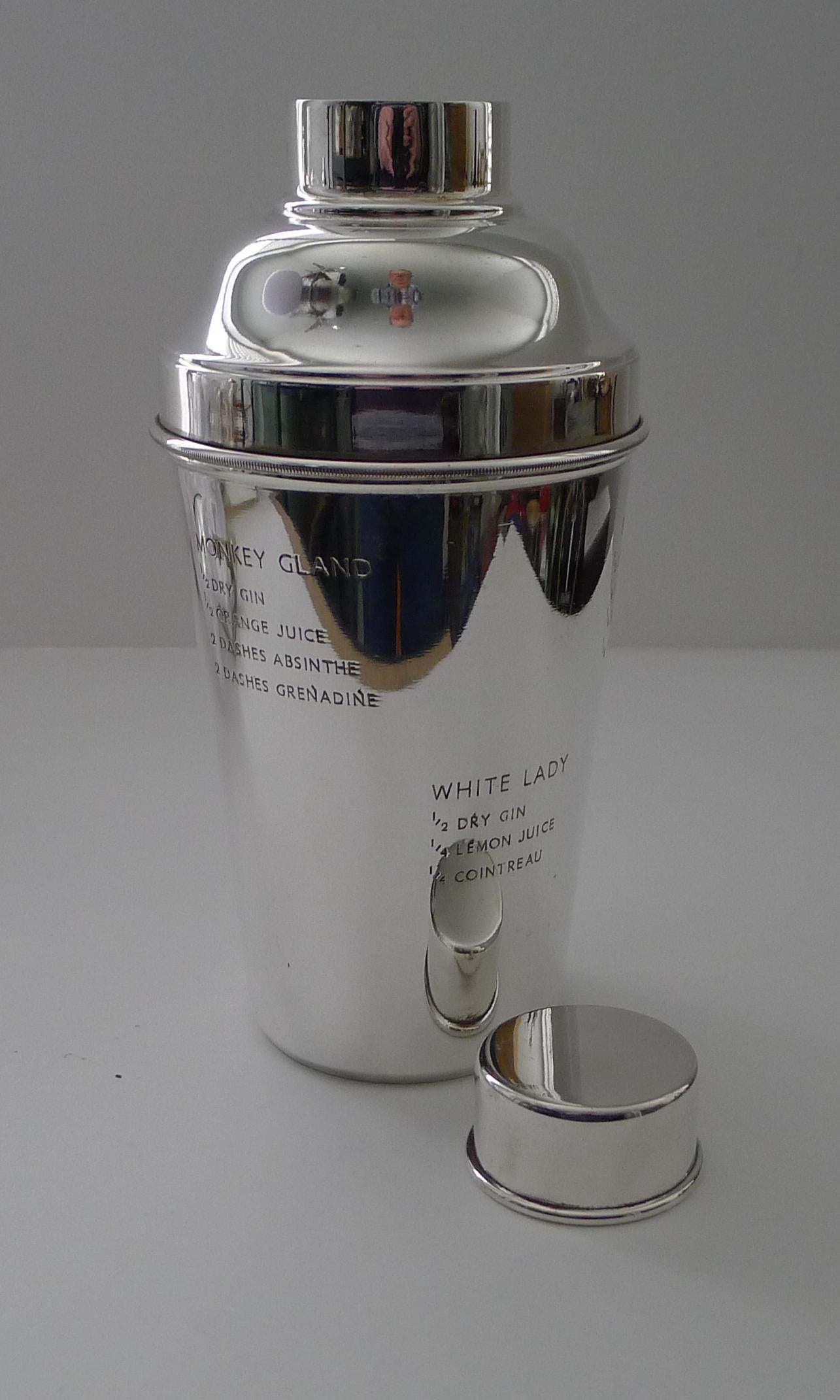Large Silver Plated Cocktail Shaker with Engraved Recipes For Sale 6