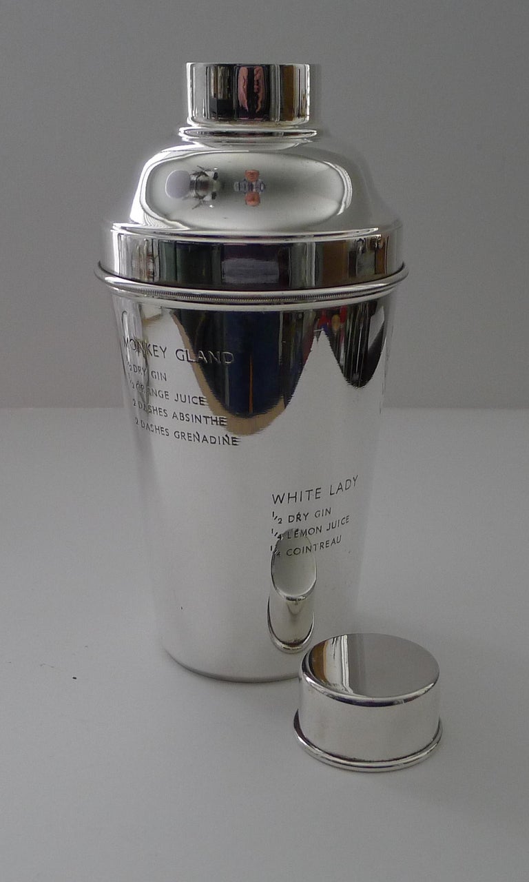 Large Silver Plated Cocktail Shaker with Engraved Recipes For Sale at