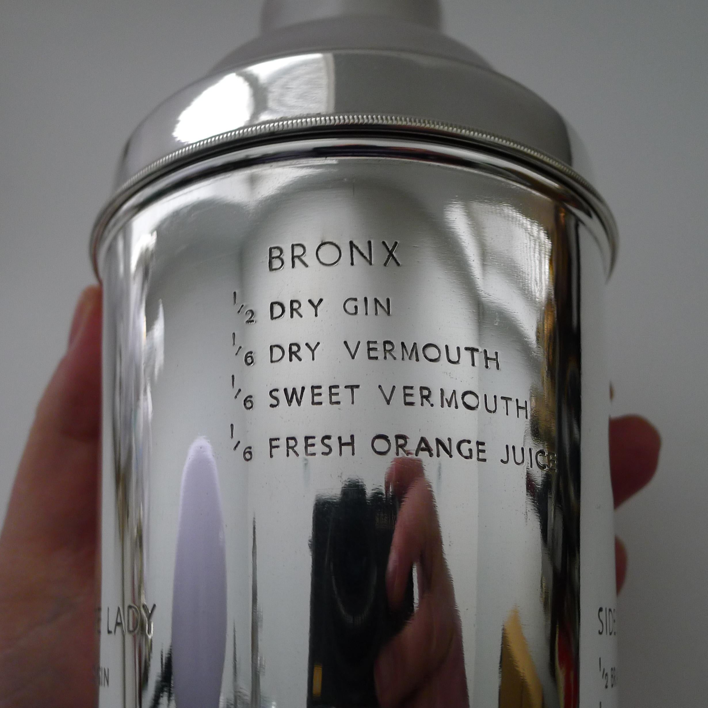 British Large Silver Plated Cocktail Shaker with Engraved Recipes For Sale