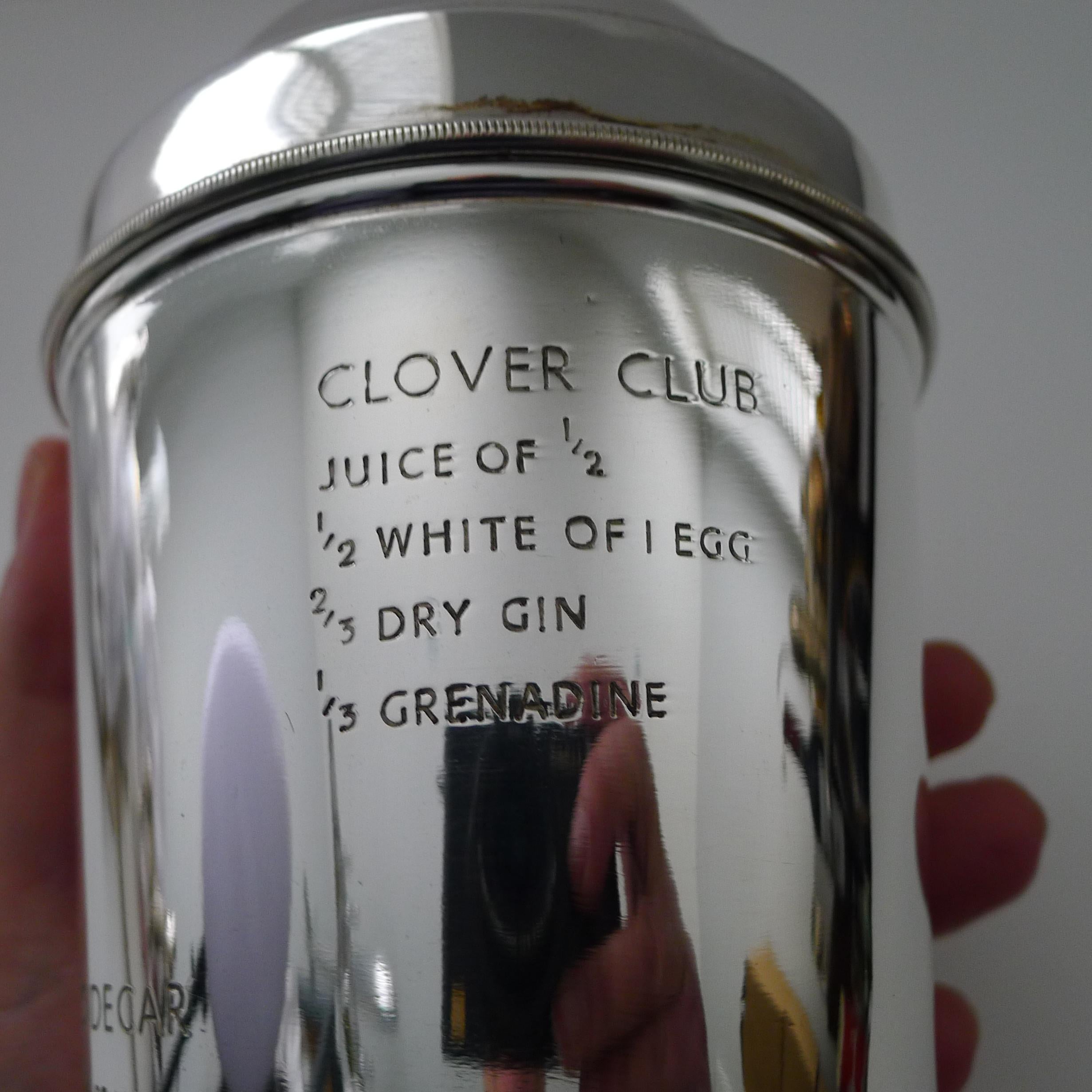 Mid-20th Century Large Silver Plated Cocktail Shaker with Engraved Recipes For Sale