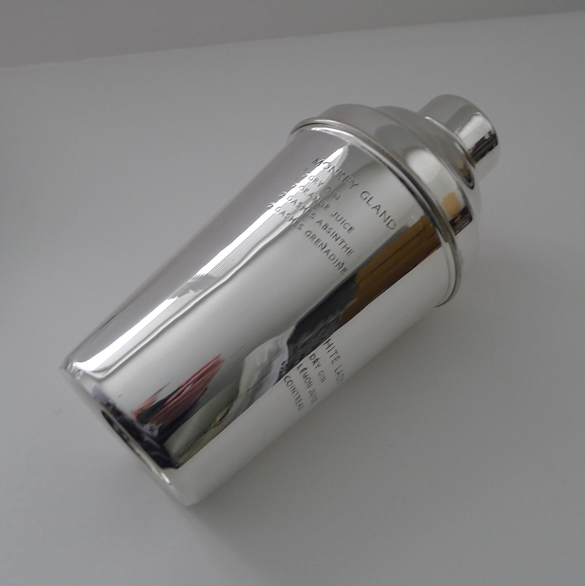 Large Silver Plated Cocktail Shaker with Engraved Recipes For Sale 2