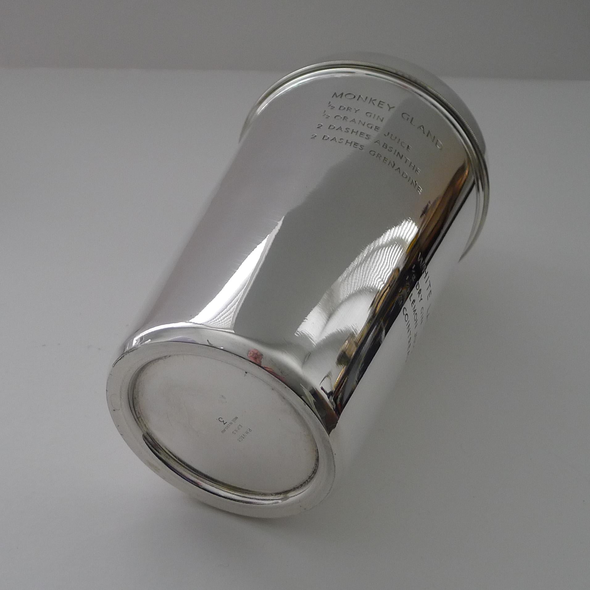 Large Silver Plated Cocktail Shaker with Engraved Recipes For Sale 3