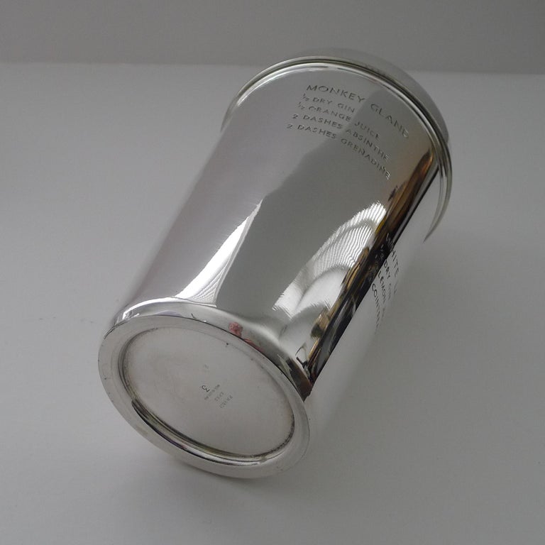 Large Silver Plated Cocktail Shaker with Engraved Recipes For Sale at