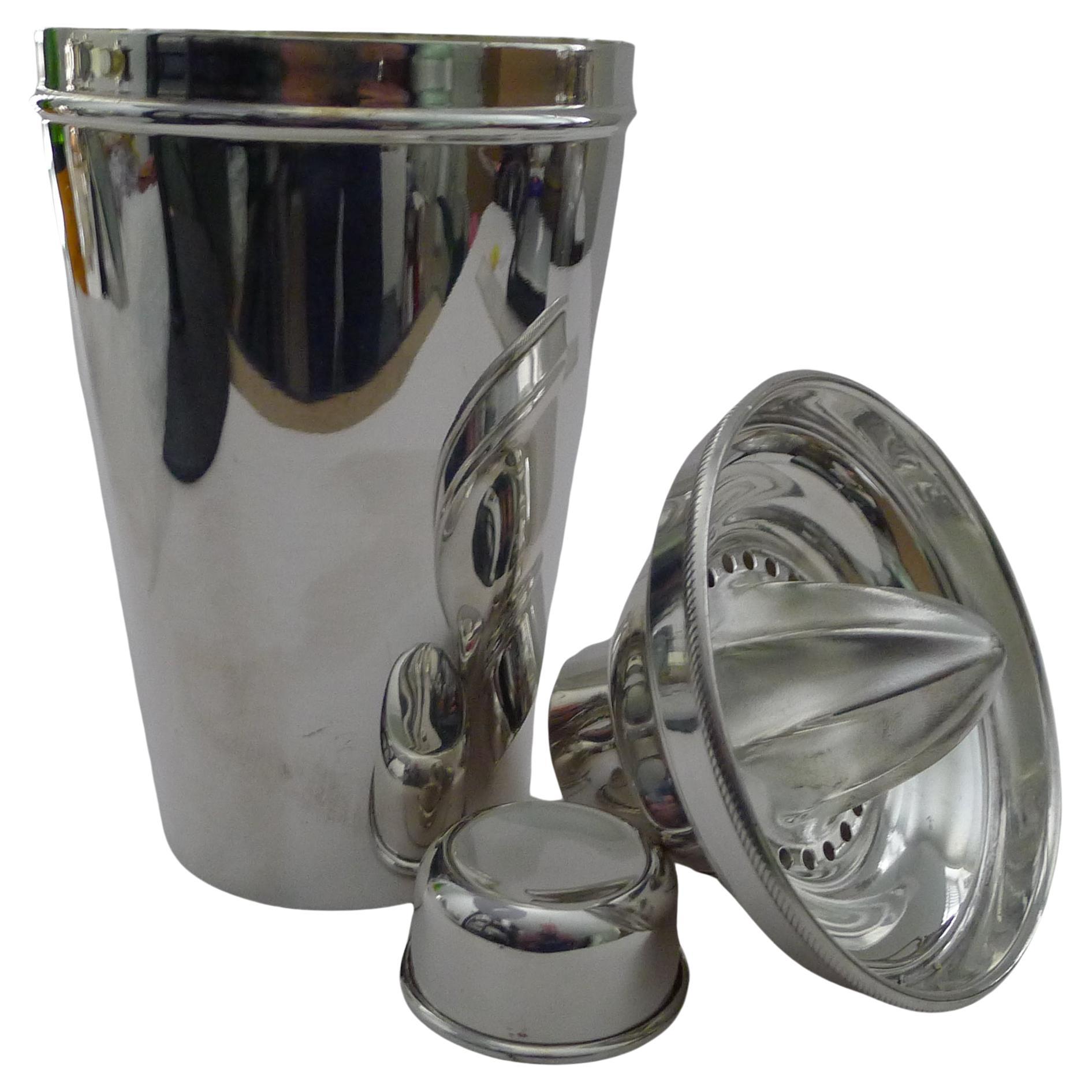 Large Silver Plated Cocktail Shaker With Integral Lemon Squeezer For Sale