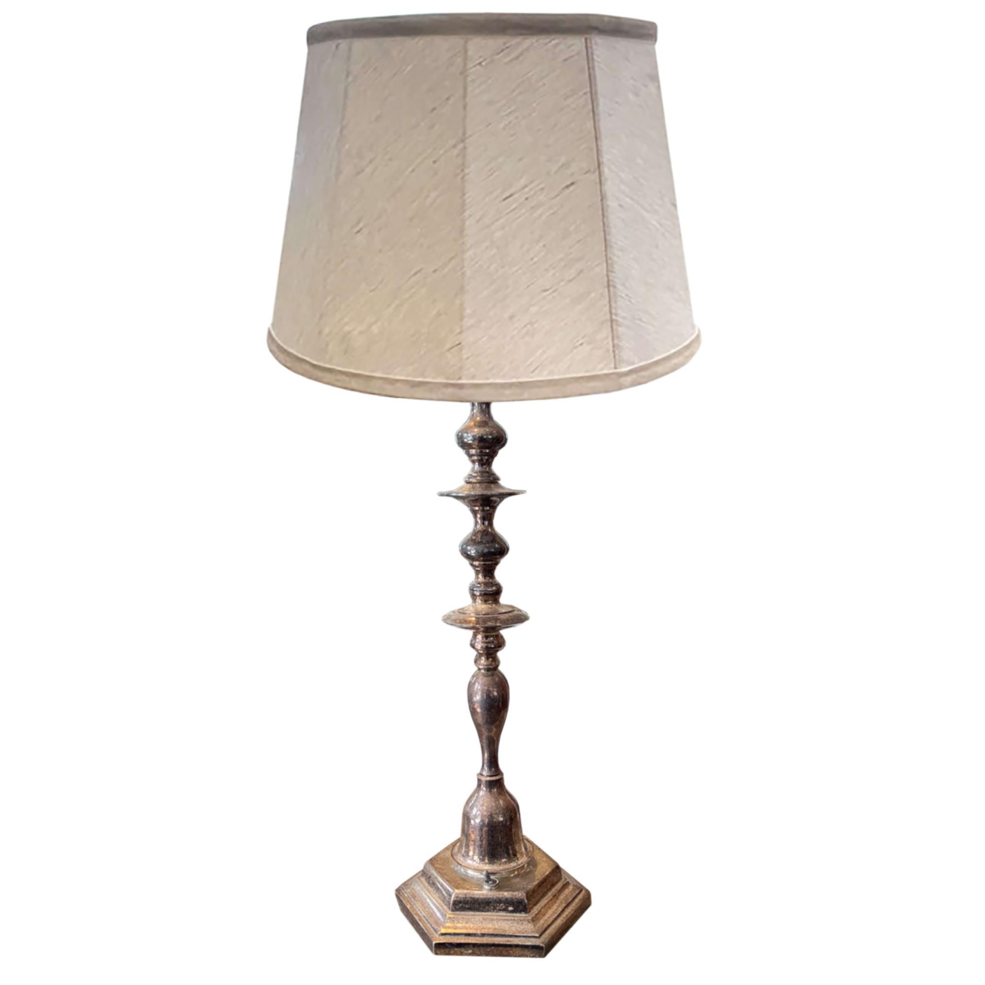 Early 20th Century Large Silver Plated English 'Candlestick' Table Lamp For Sale