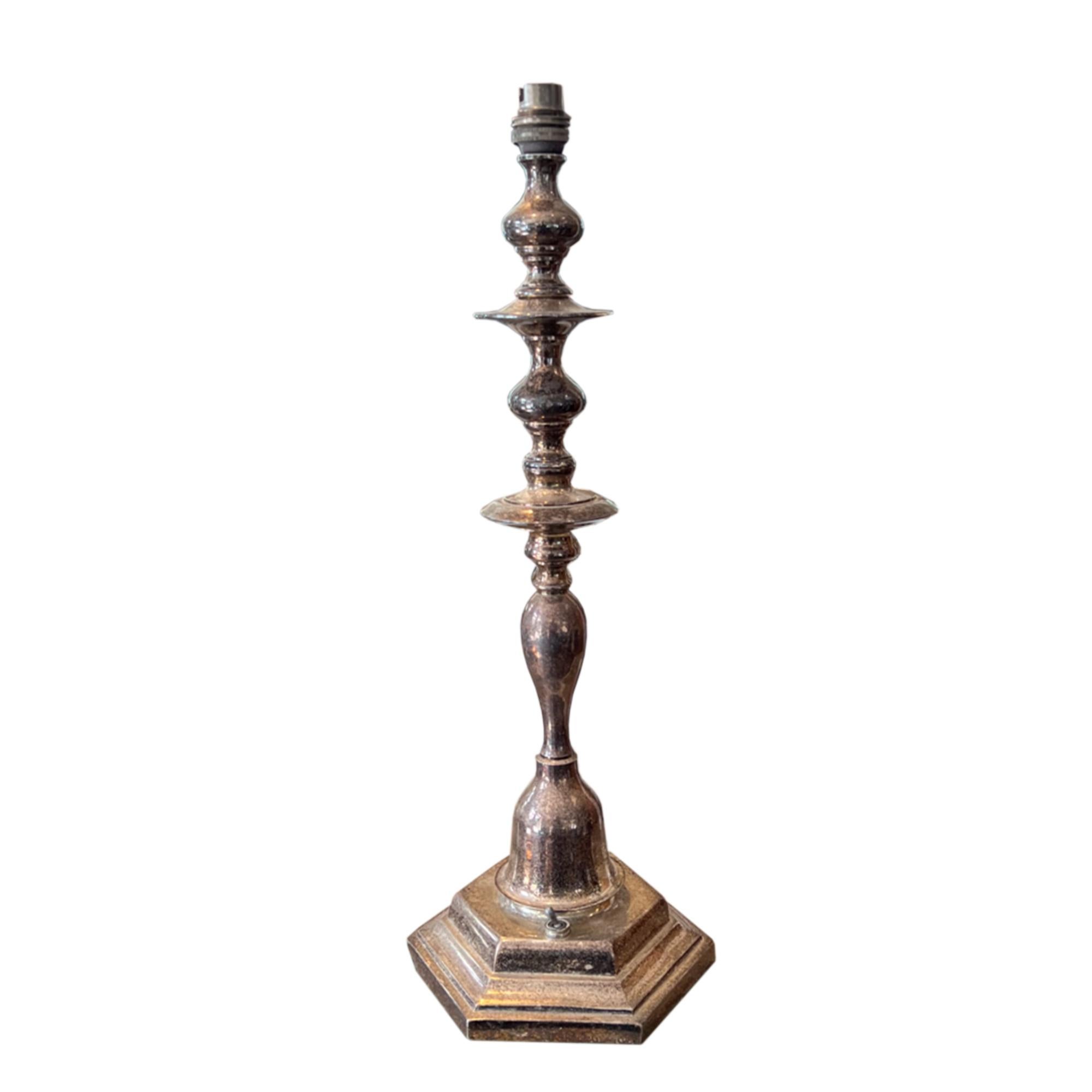 Metal Large Silver Plated English 'Candlestick' Table Lamp For Sale