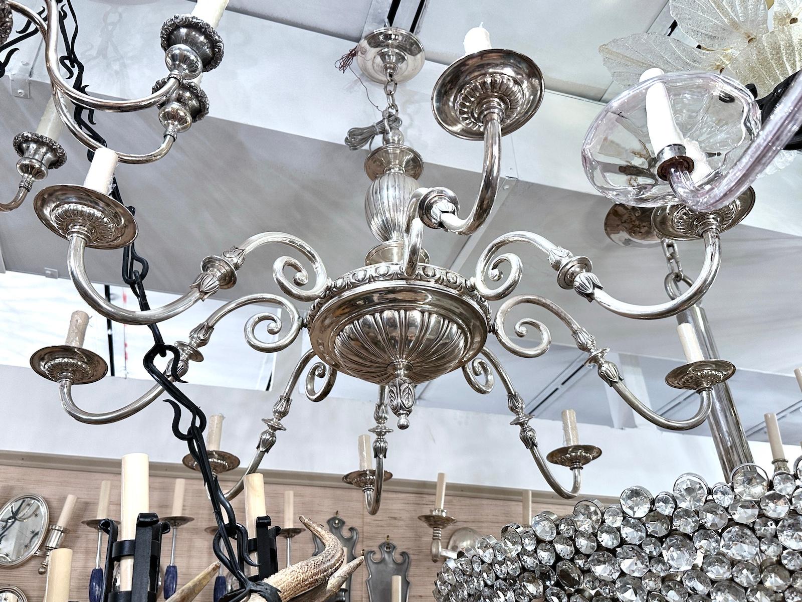 Silvered Large Silver Plated Neoclassic Chandelier For Sale