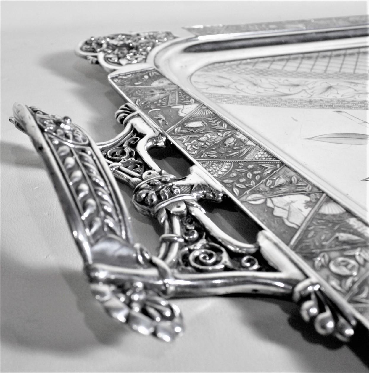 Large Silver Plated Serving Tray with Ornate Engraved Birds, Cherubs and Flowers 2